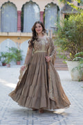 Minha Beige Embroidered Flared Anarkali Gown Set