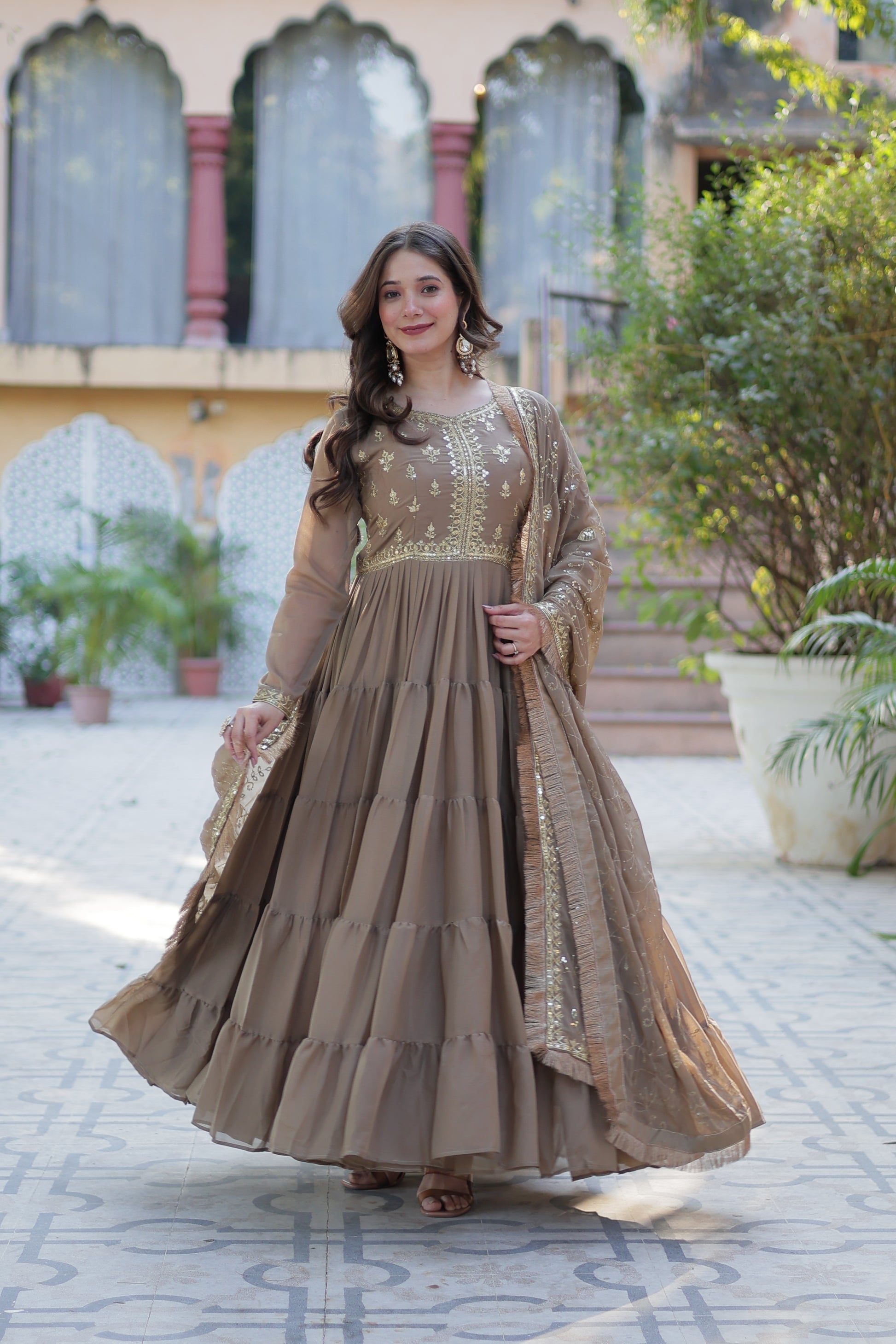 Minha Beige Embroidered Flared Anarkali Gown Set