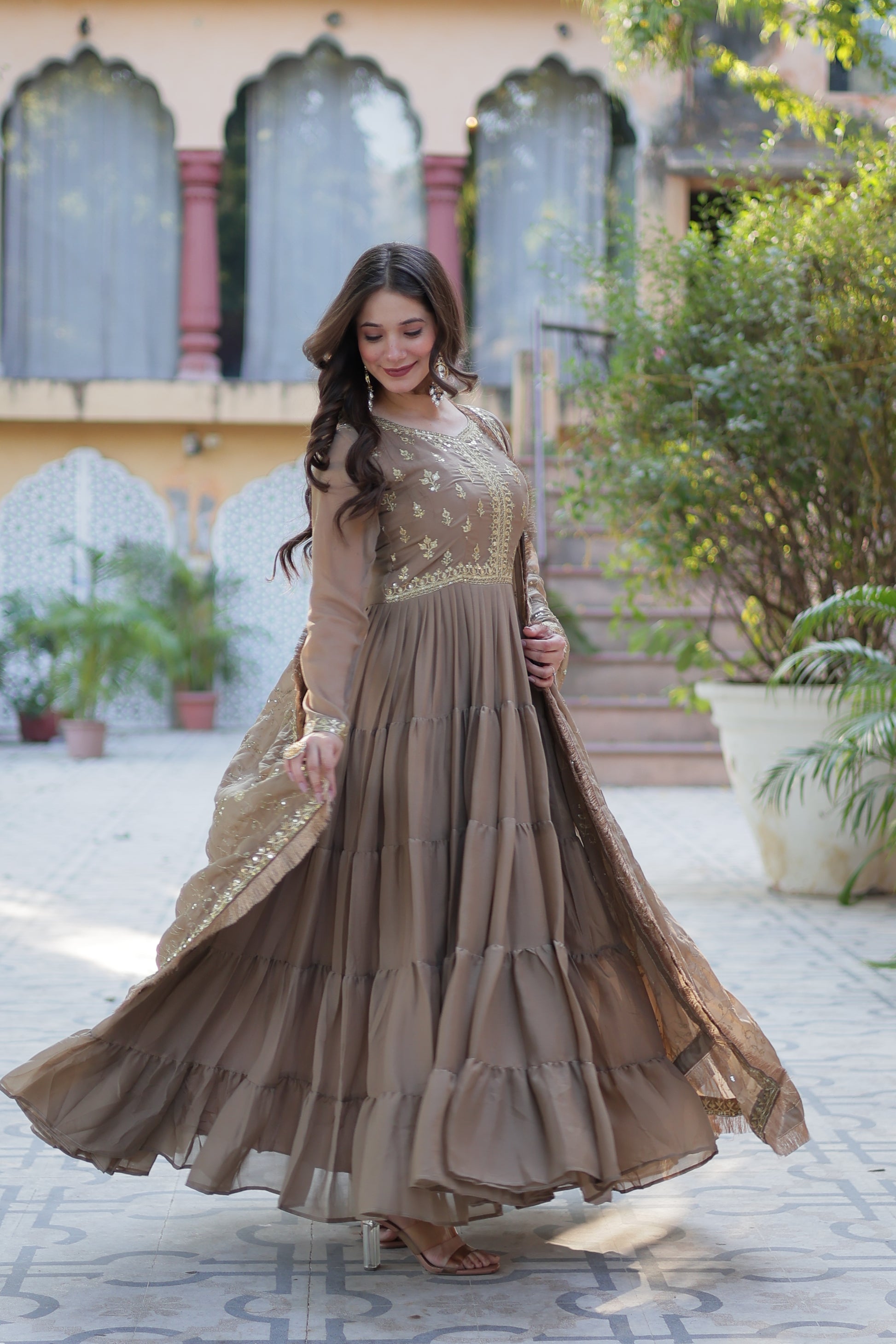 Minha Beige Embroidered Flared Anarkali Gown Set