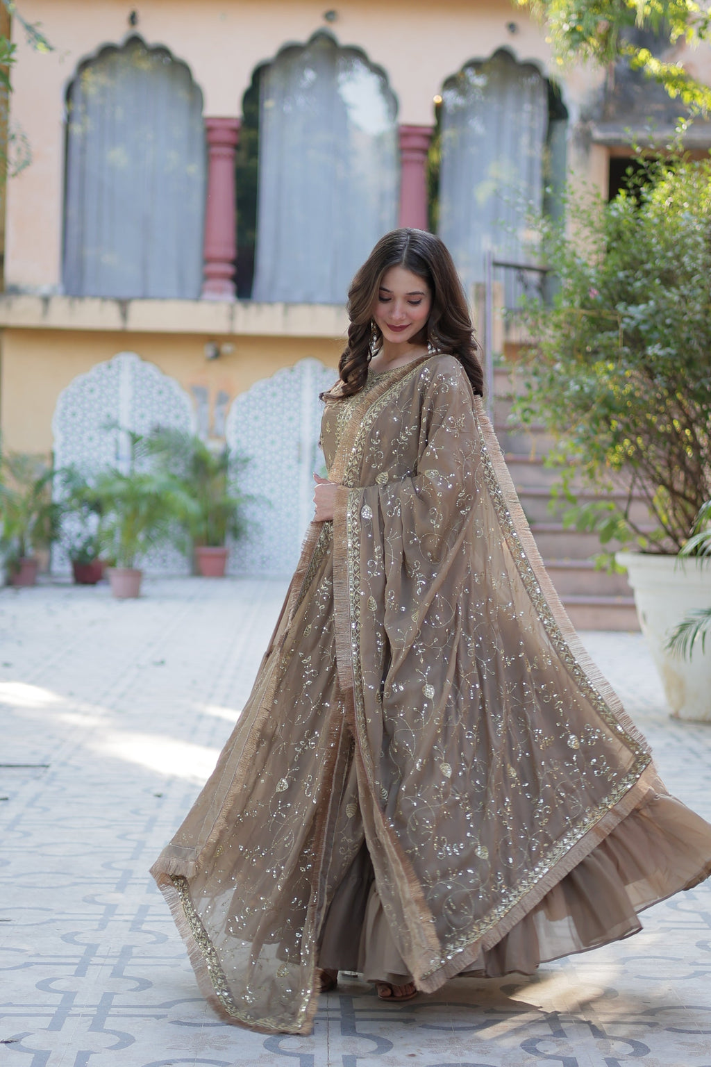 Minha Beige Embroidered Flared Anarkali Gown Set