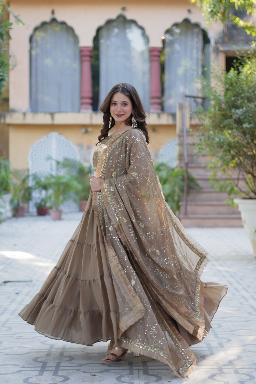 Minha Beige Embroidered Flared Anarkali Gown Set