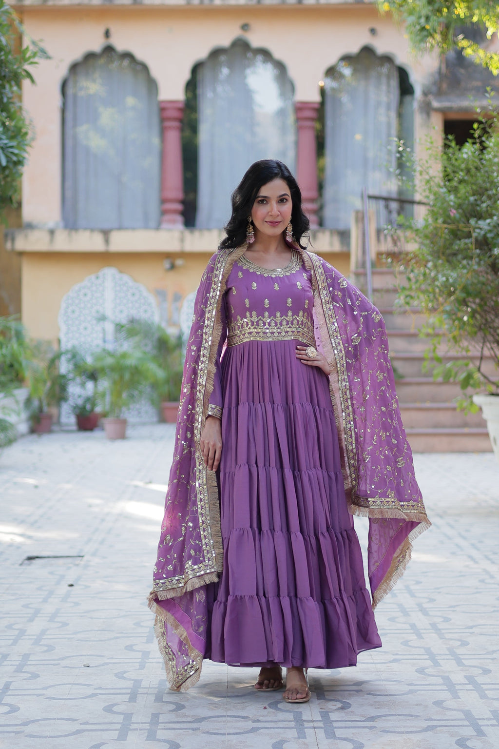 Minha Lavender Embroidered Flared Anarkali Gown Set