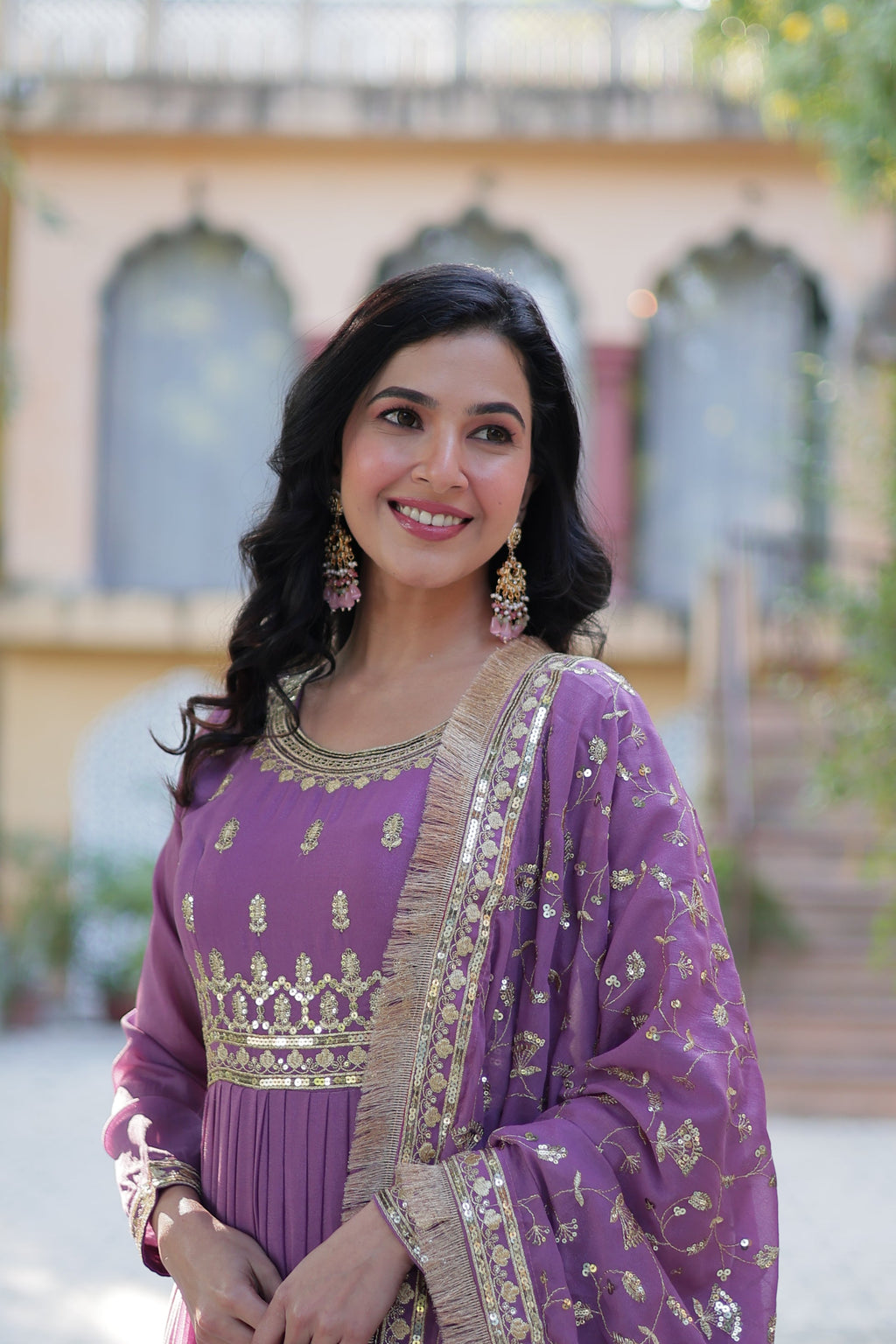 Minha Lavender Embroidered Flared Anarkali Gown Set