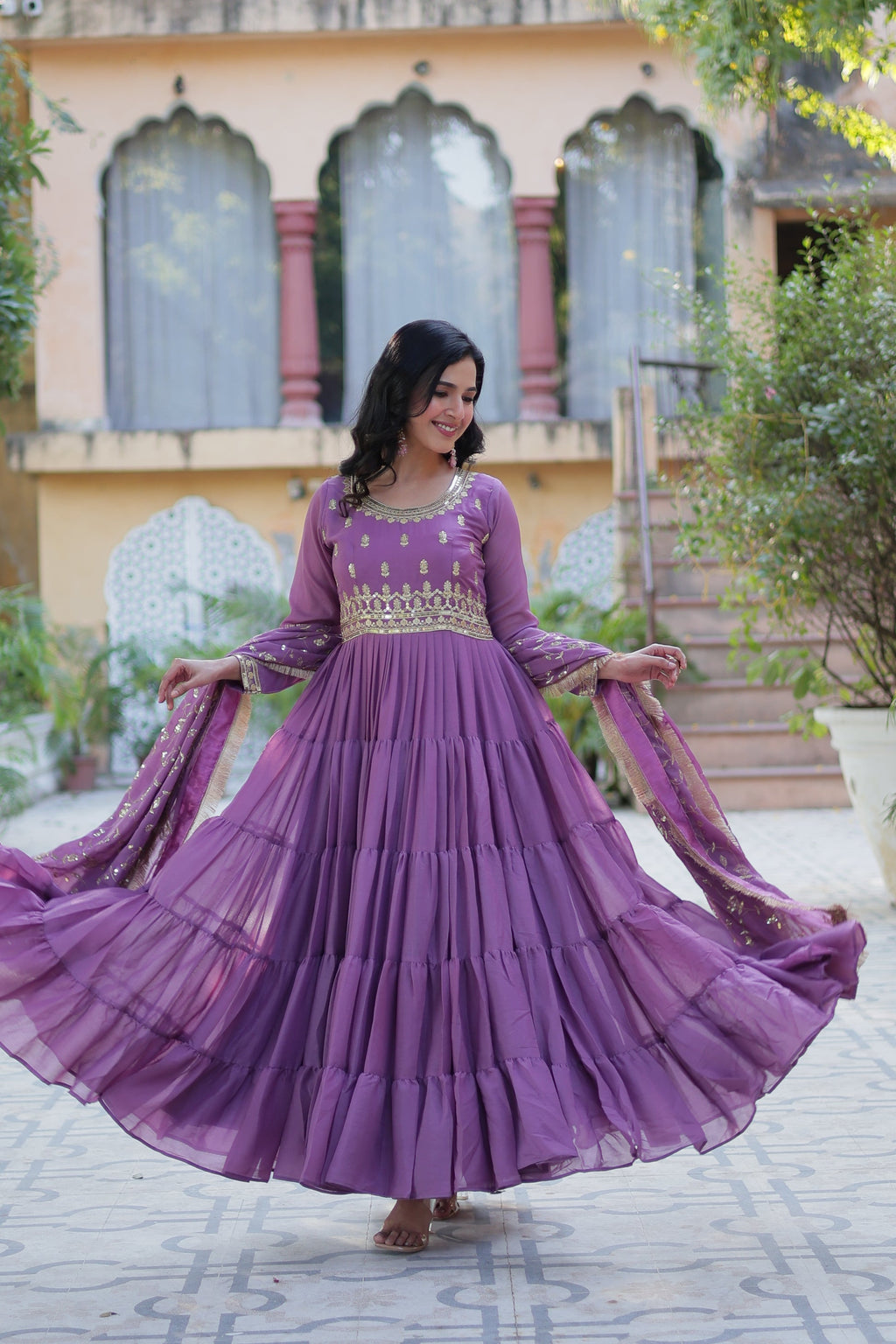 Minha Lavender Embroidered Flared Anarkali Gown Set