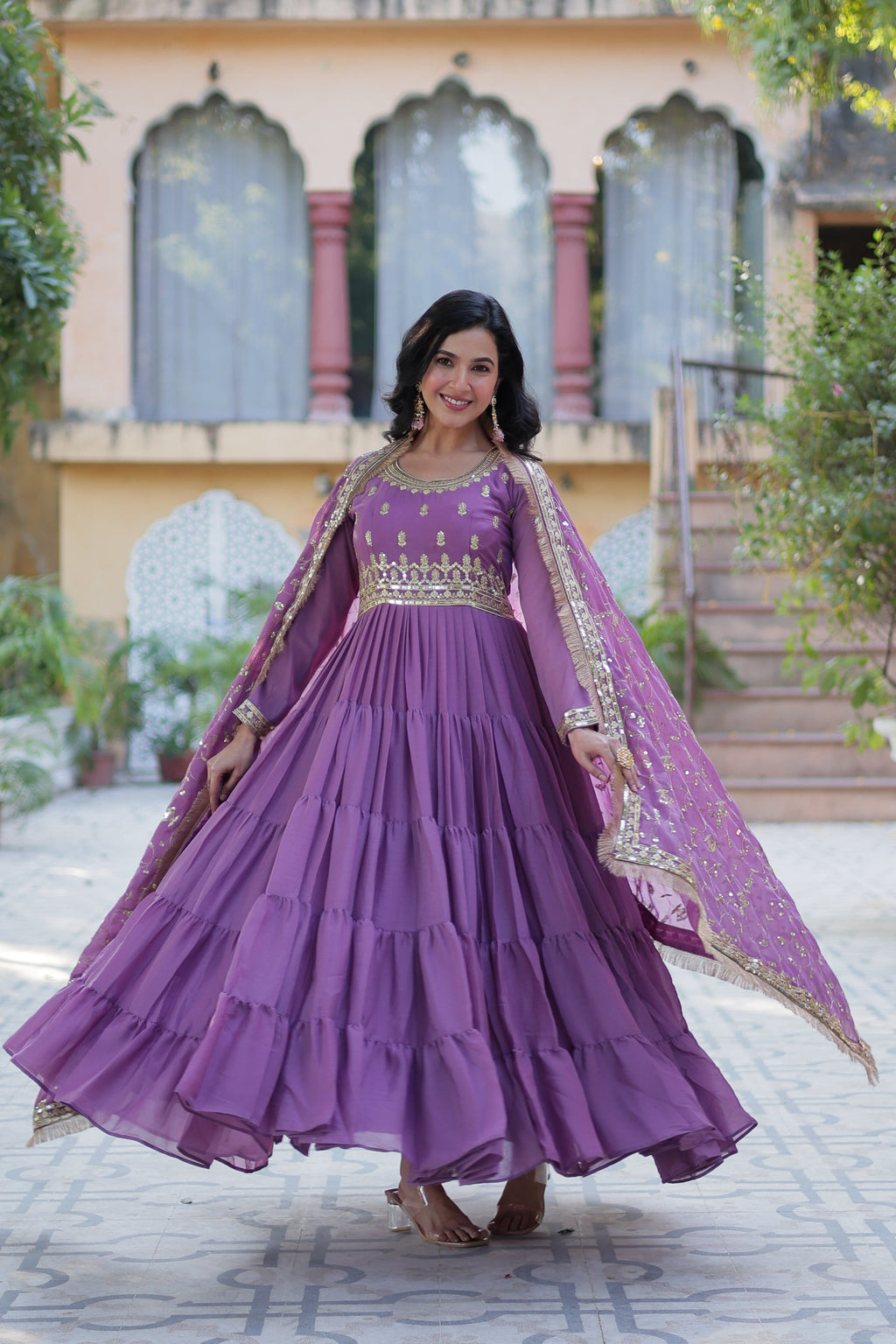 Minha Lavender Embroidered Flared Anarkali Gown Set