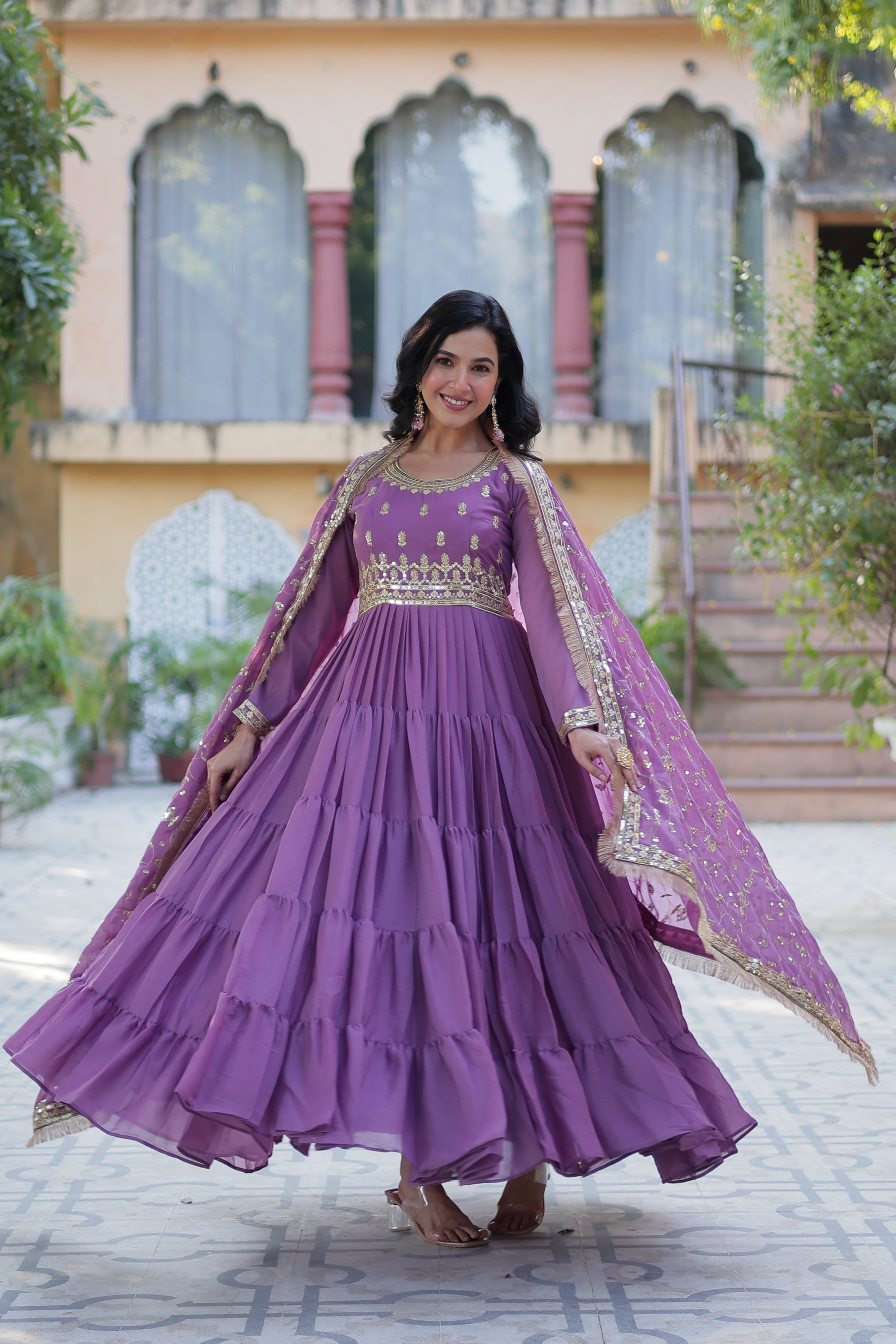 Minha Lavender Embroidered Flared Anarkali Gown Set