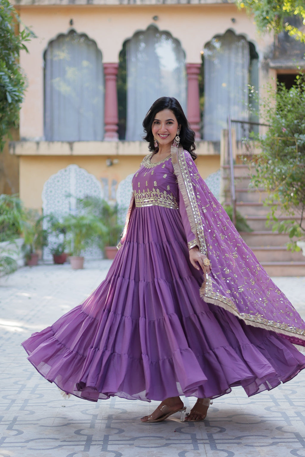 Minha Lavender Embroidered Flared Anarkali Gown Set