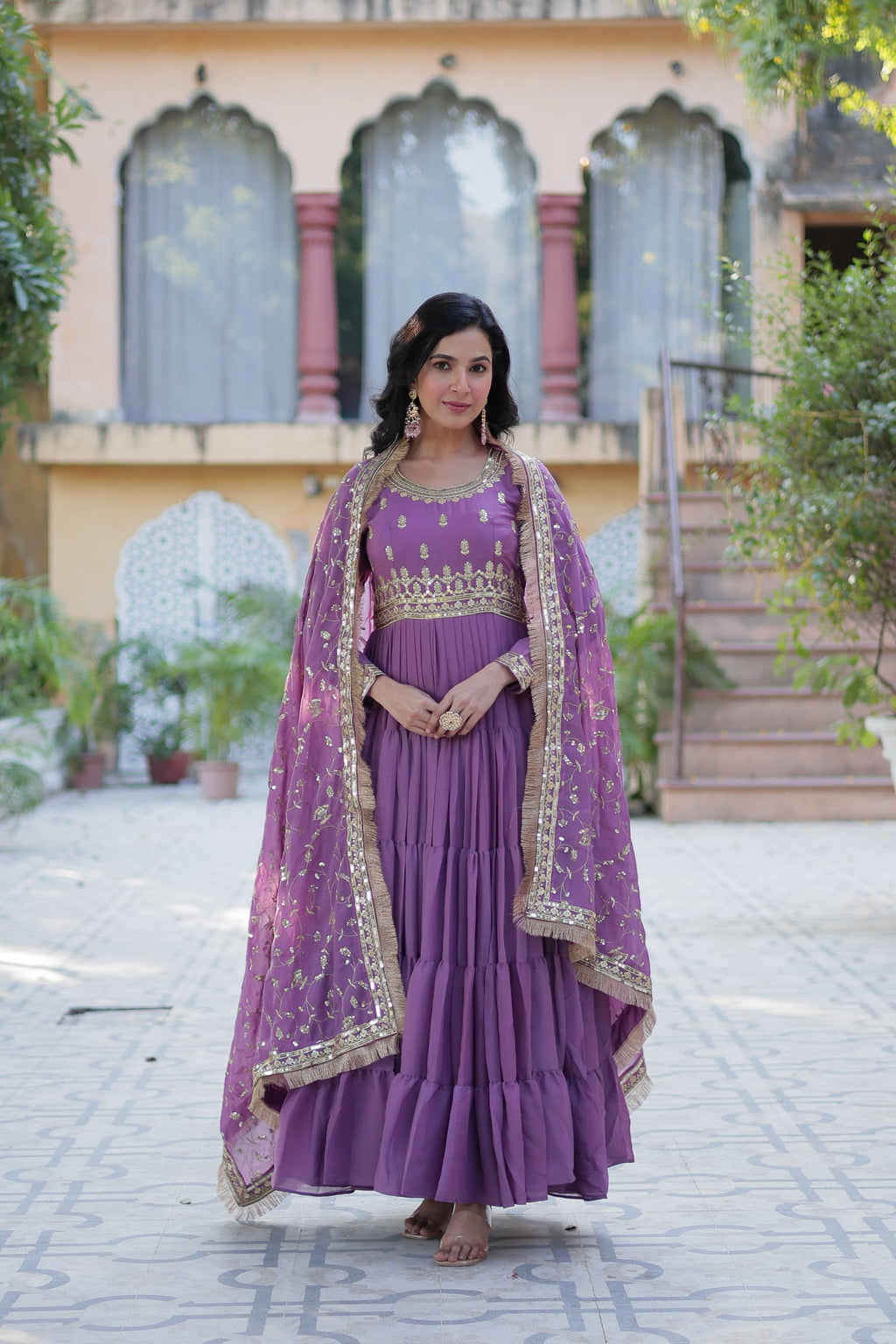 Minha Lavender Embroidered Flared Anarkali Gown Set