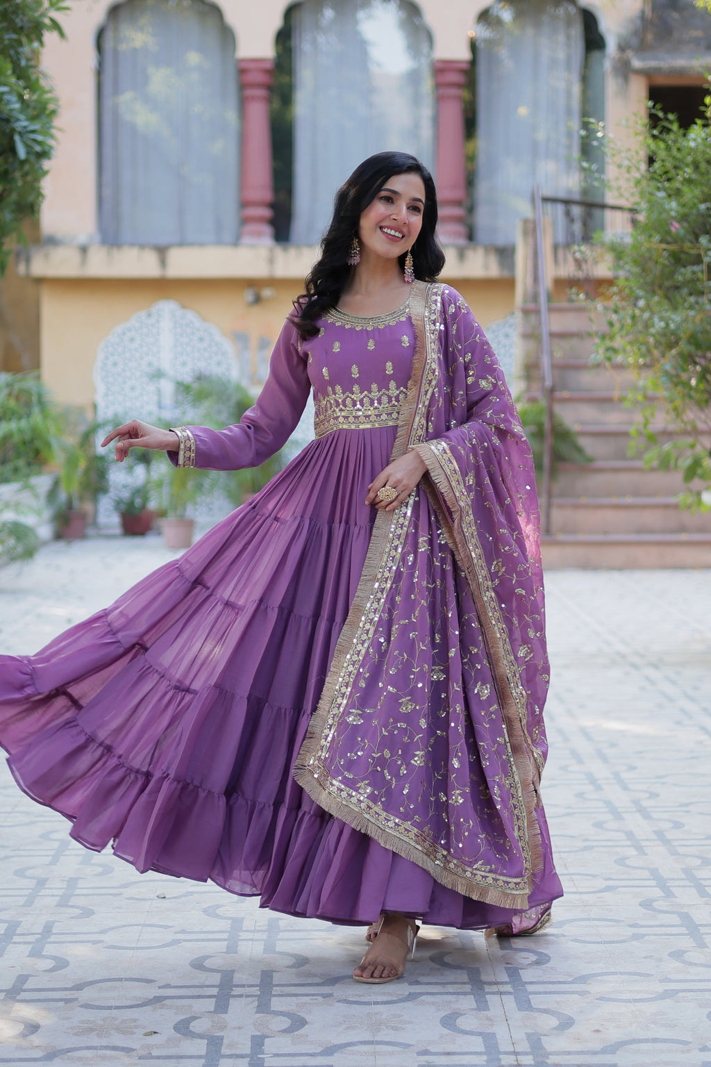Minha Lavender Embroidered Flared Anarkali Gown Set