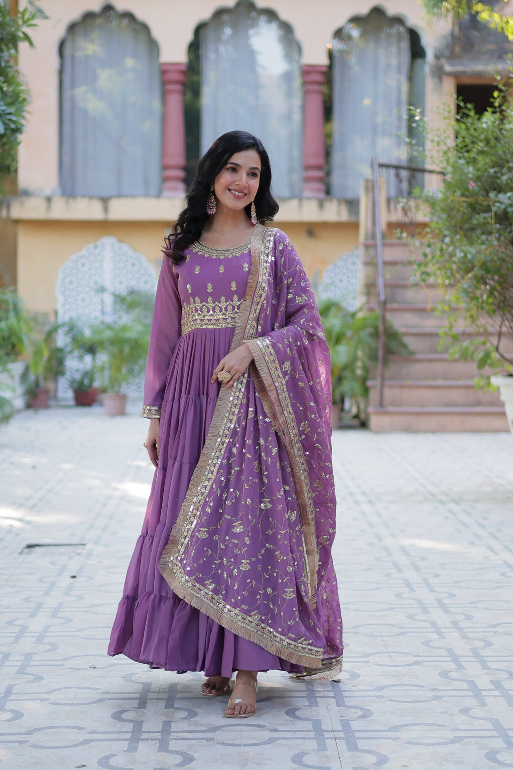 Minha Lavender Embroidered Flared Anarkali Gown Set