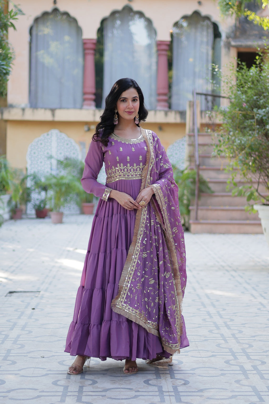 Minha Lavender Embroidered Flared Anarkali Gown Set