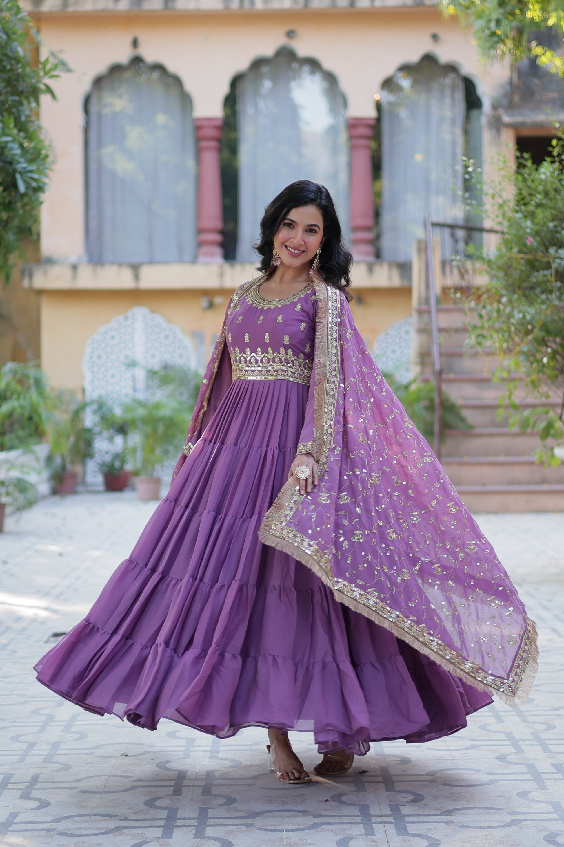 Minha Lavender Embroidered Flared Anarkali Gown Set