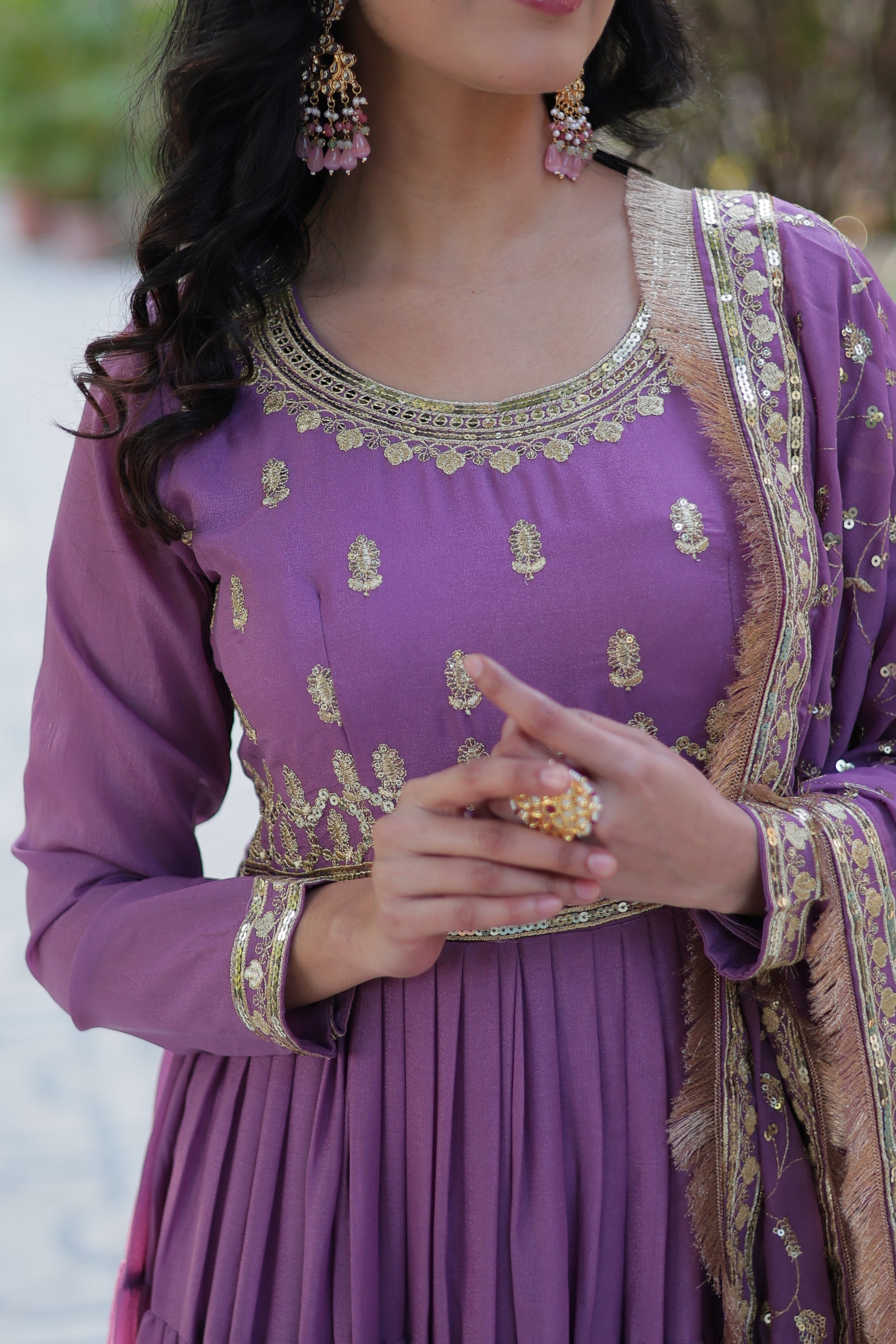 Minha Lavender Embroidered Flared Anarkali Gown Set