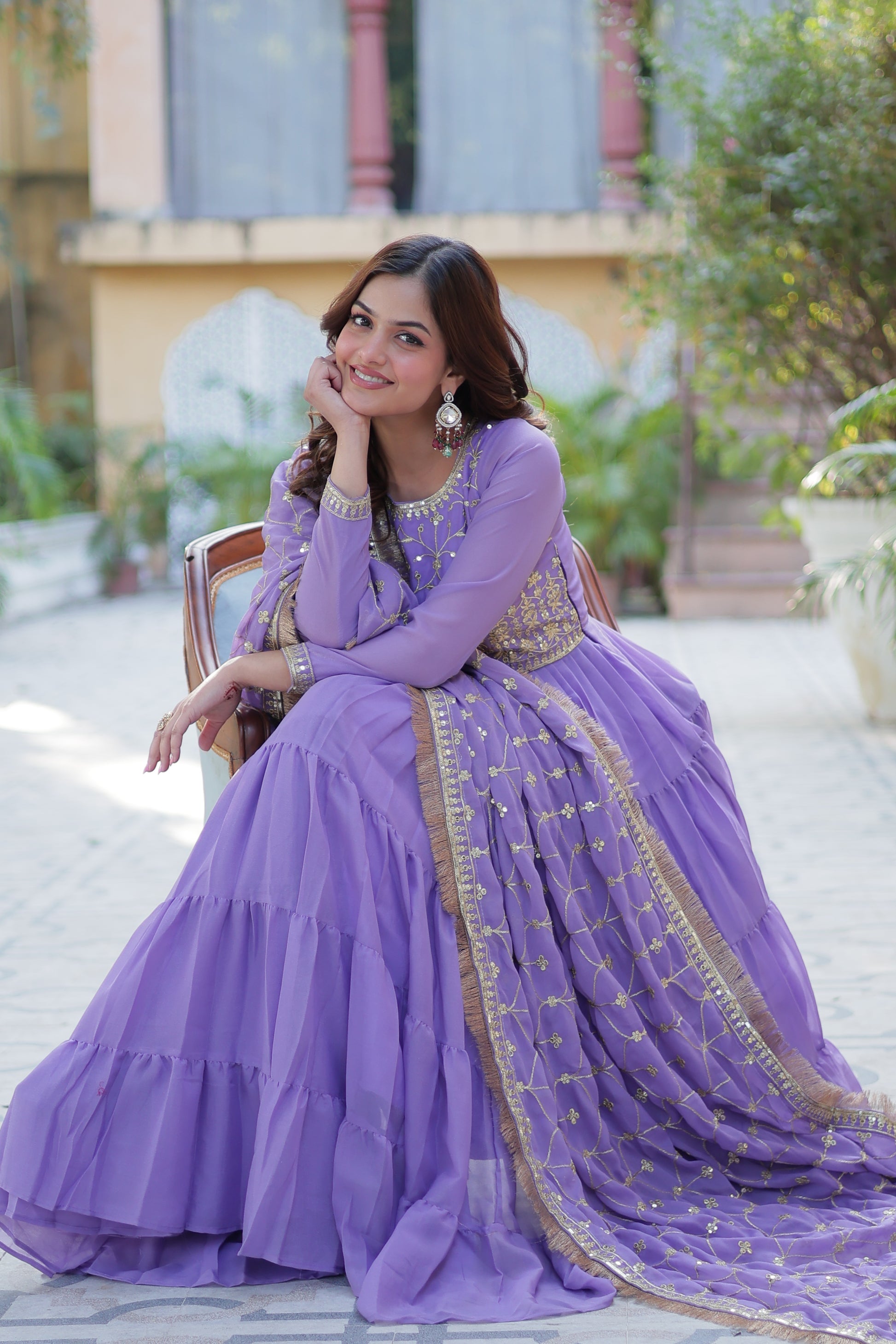 Minha Purple Embroidered Flared Anarkali Gown Set