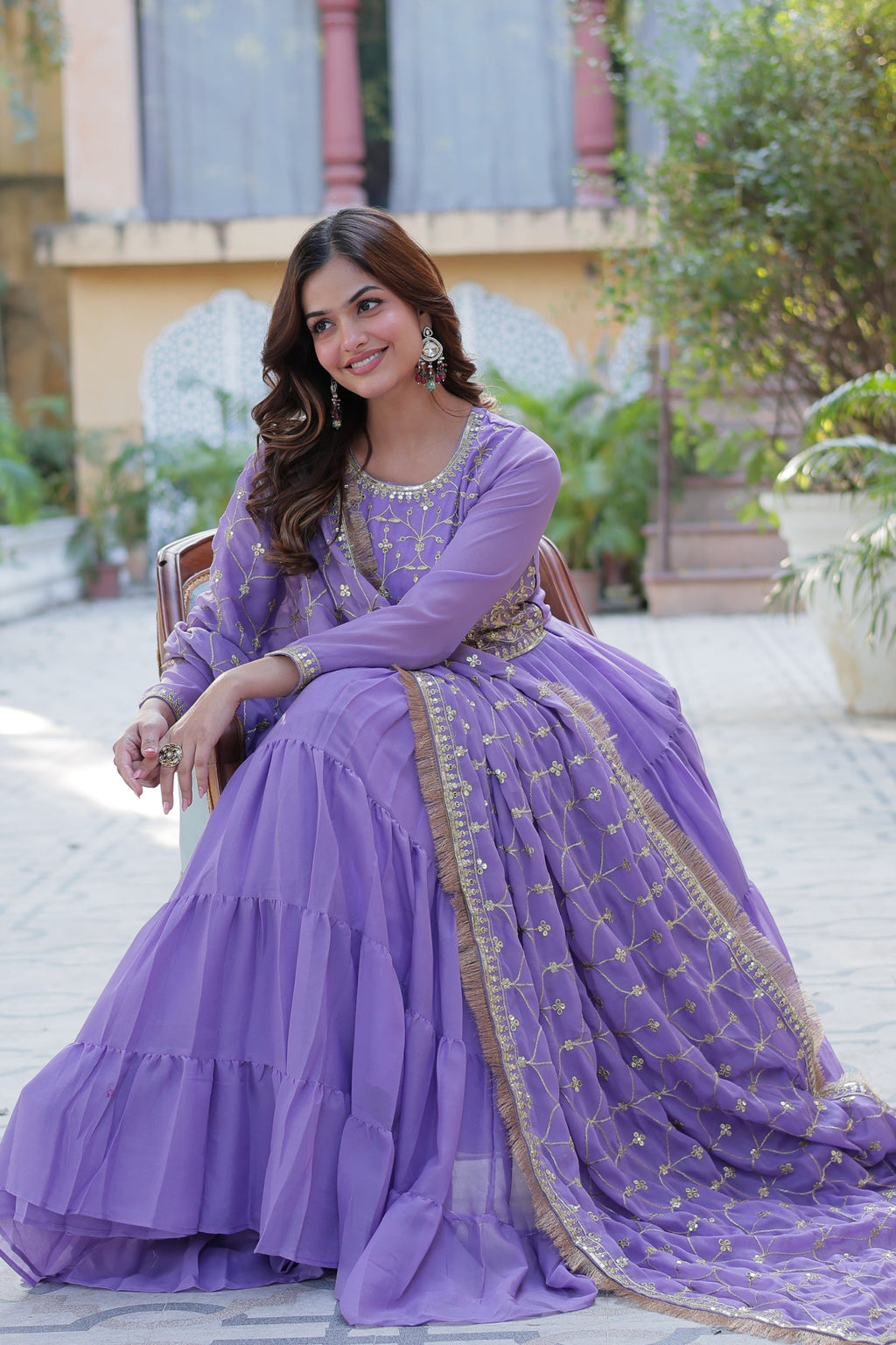 Minha Purple Embroidered Flared Anarkali Gown Set