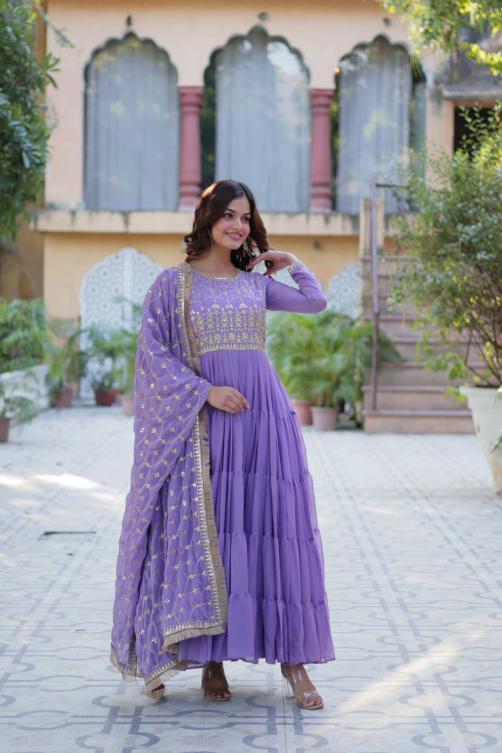 Minha Purple Embroidered Flared Anarkali Gown Set