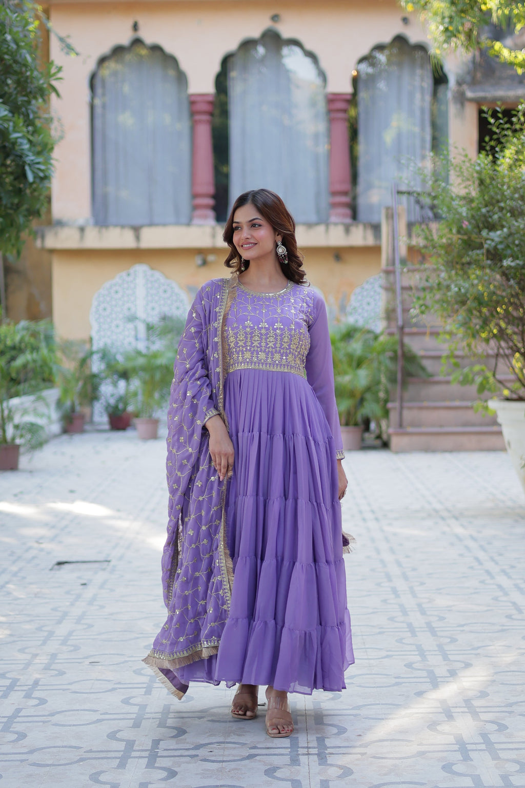 Minha Purple Embroidered Flared Anarkali Gown Set