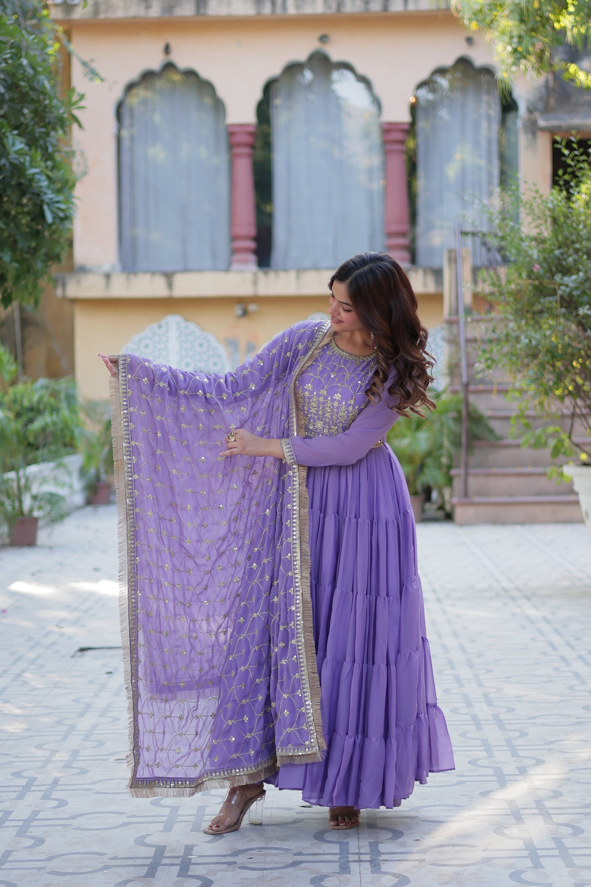 Minha Purple Embroidered Flared Anarkali Gown Set