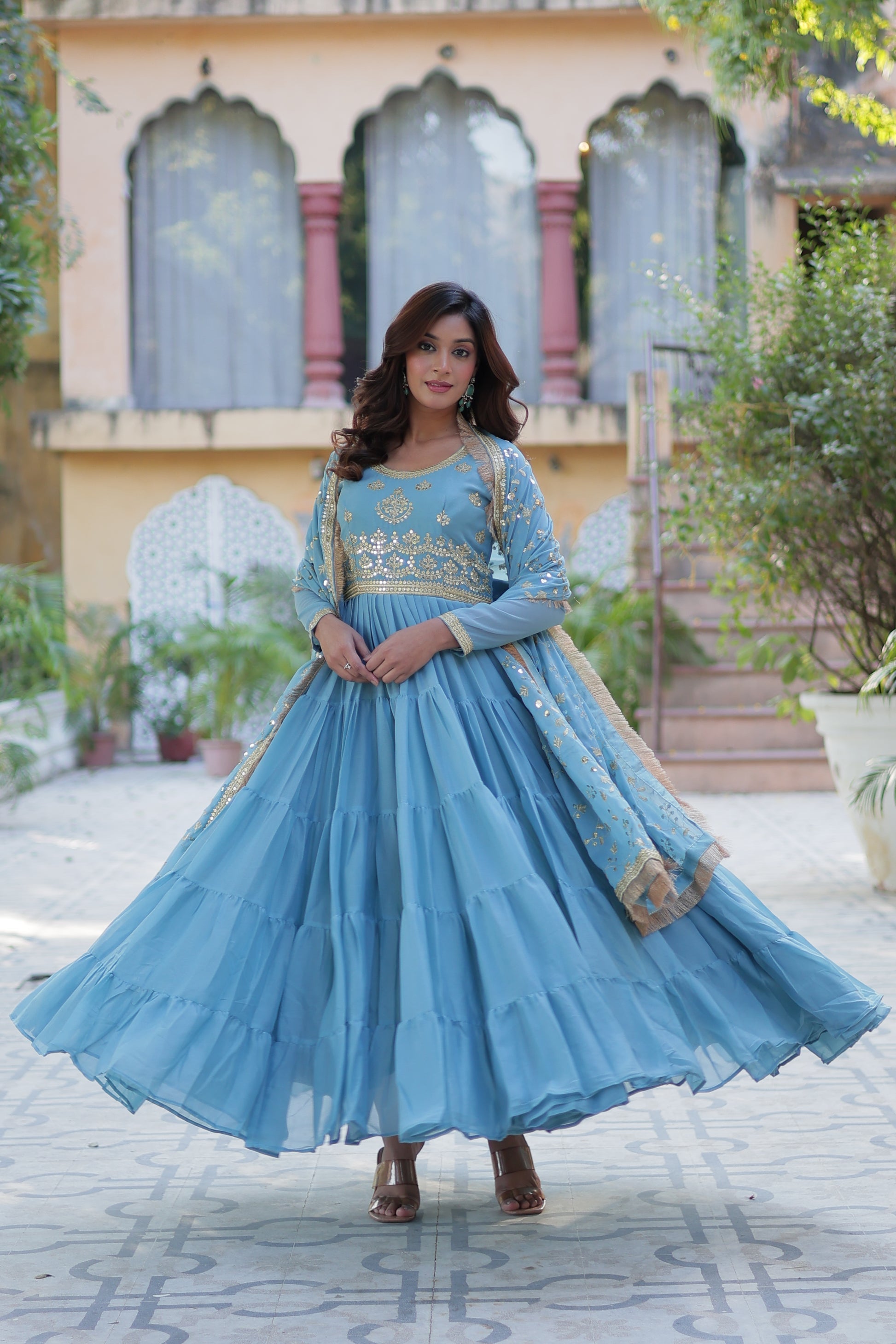 Minha Sky Blue Embroidered Flared Anarkali Gown Set