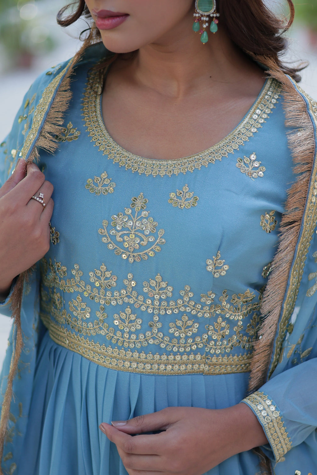Minha Sky Blue Embroidered Flared Anarkali Gown Set