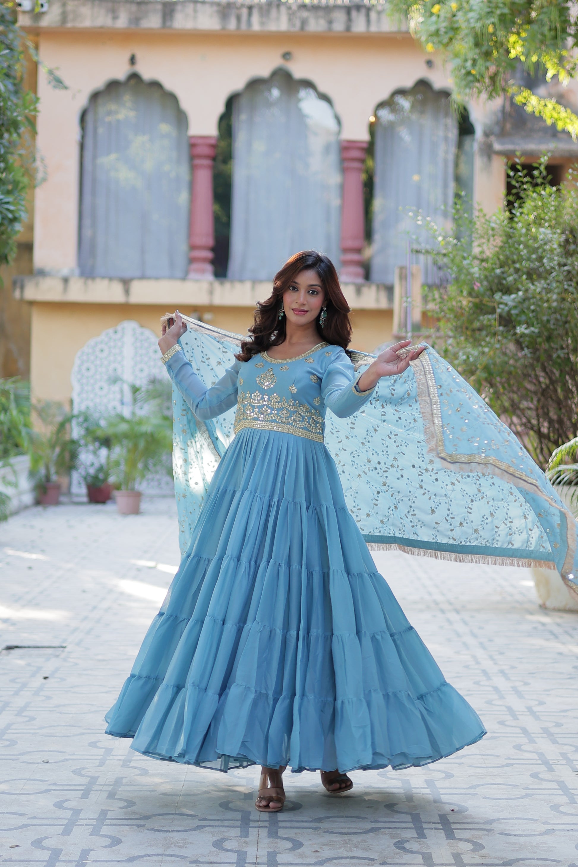 Minha Sky Blue Embroidered Flared Anarkali Gown Set