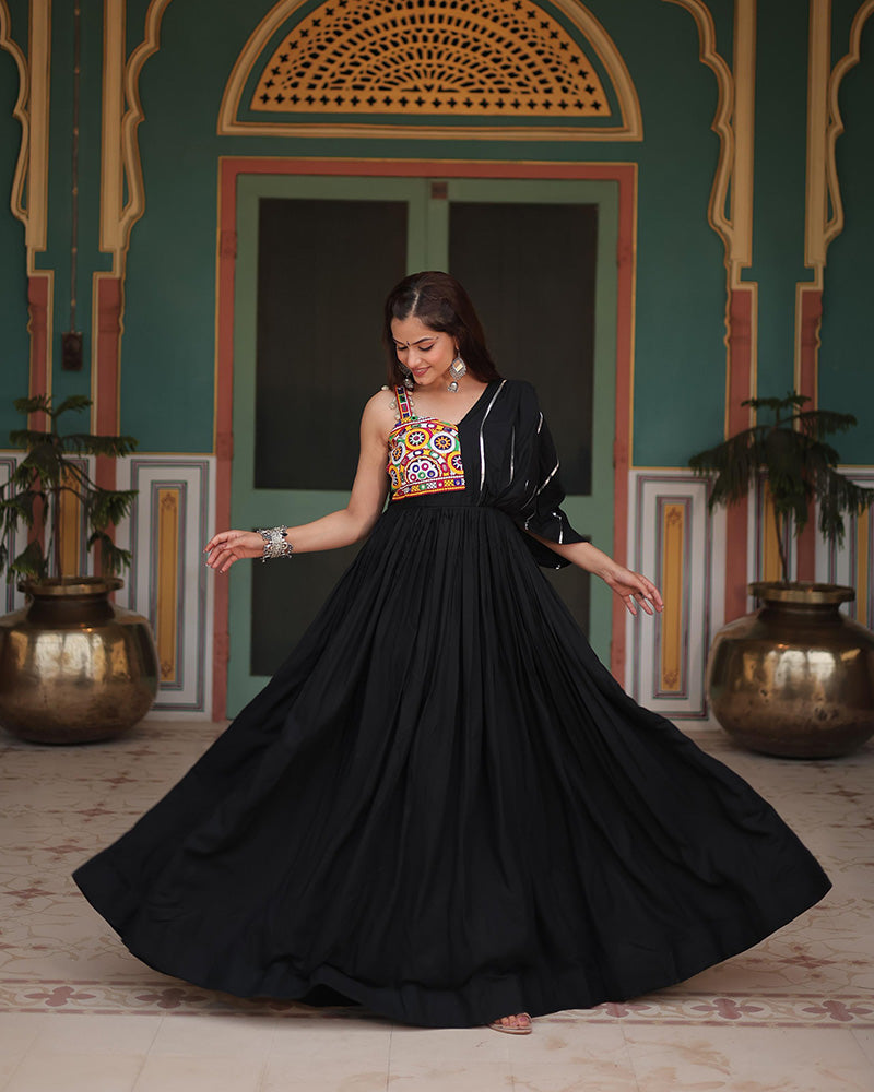 Miraan Black Rayon Gamthi Work Navratri Gown