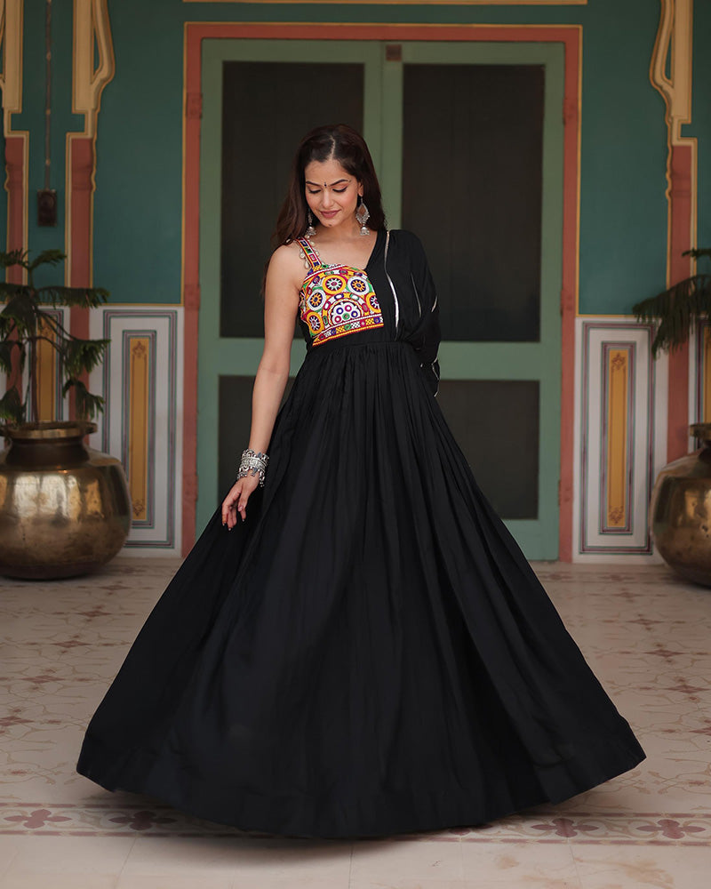 Miraan Black Rayon Gamthi Work Navratri Gown