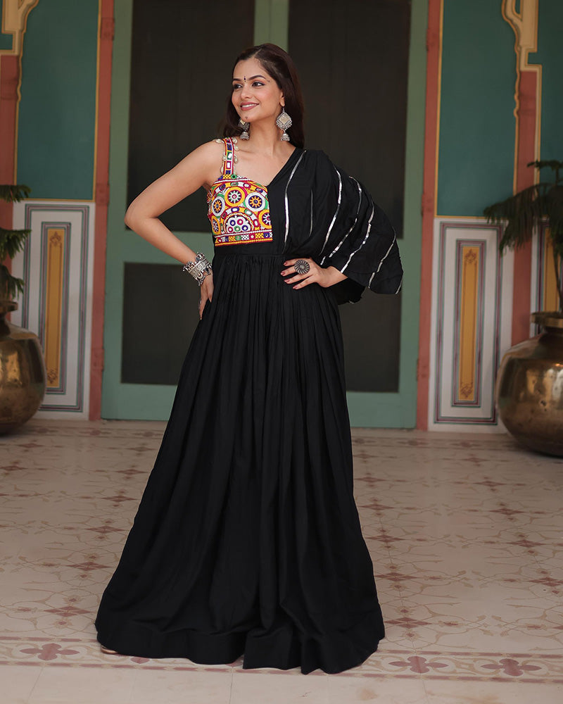 Miraan Black Rayon Gamthi Work Navratri Gown