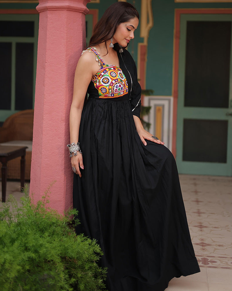 Miraan Black Rayon Gamthi Work Navratri Gown