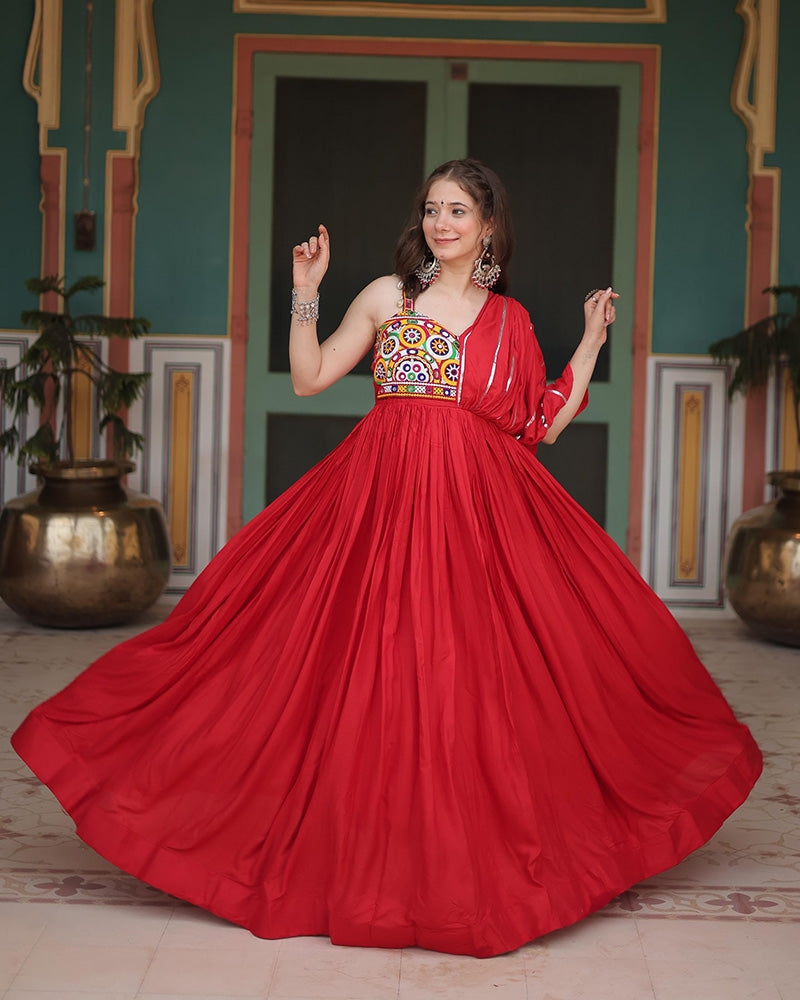 Miraan Maroon Rayon Gamthi Work Navratri Gown
