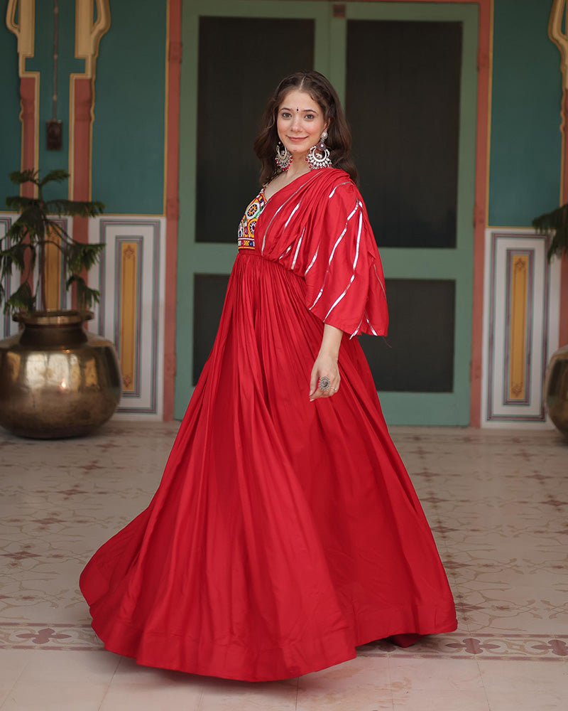 Miraan Maroon Rayon Gamthi Work Navratri Gown