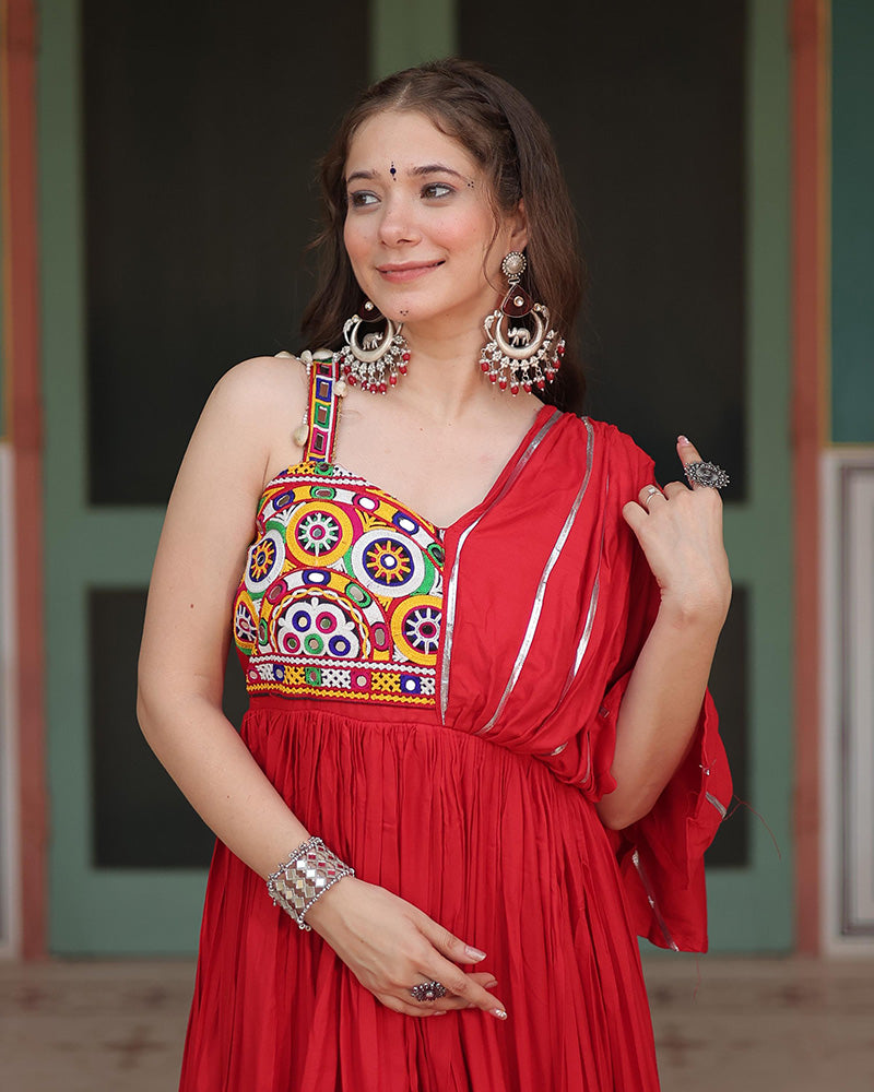 Miraan Maroon Rayon Gamthi Work Navratri Gown