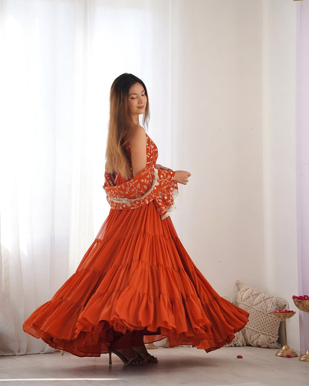 Misha Orange Soft Fox Georgette Anarkali With Huge Flair Suit Set