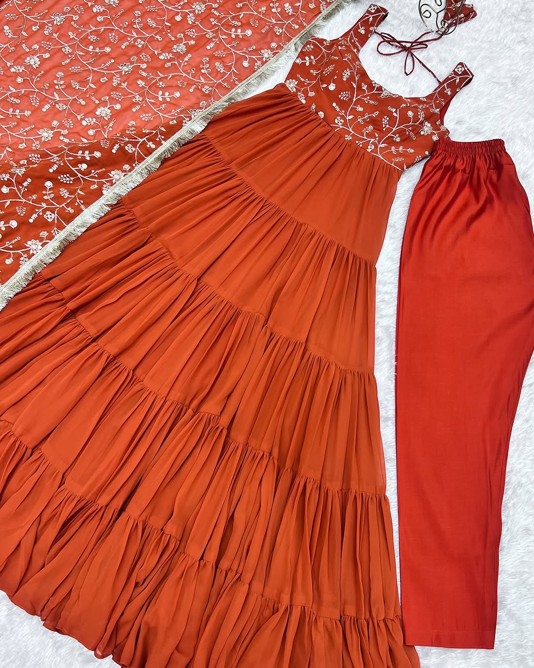 Misha Orange Soft Fox Georgette Anarkali With Huge Flair Suit Set