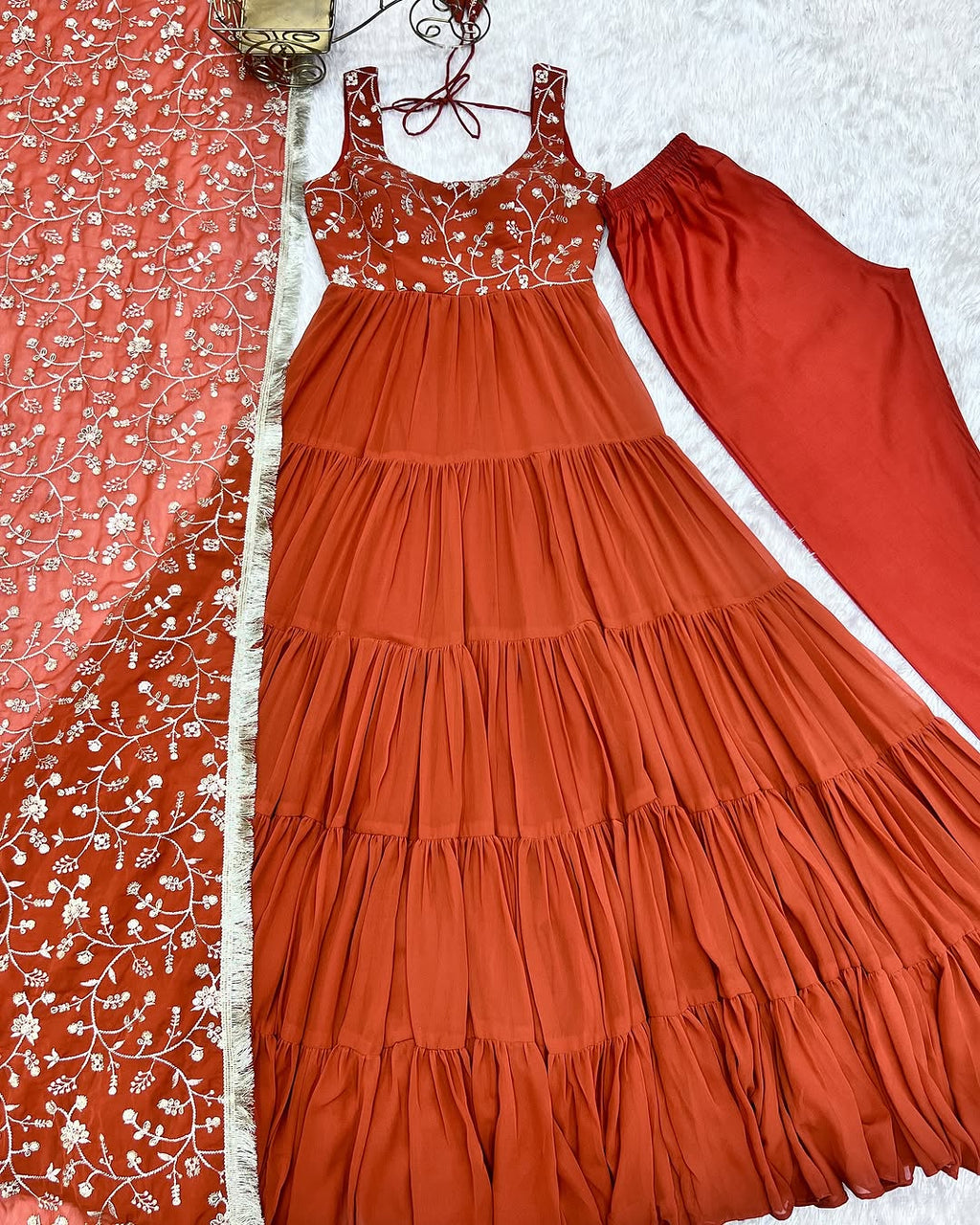 Misha Orange Soft Fox Georgette Anarkali With Huge Flair Suit Set