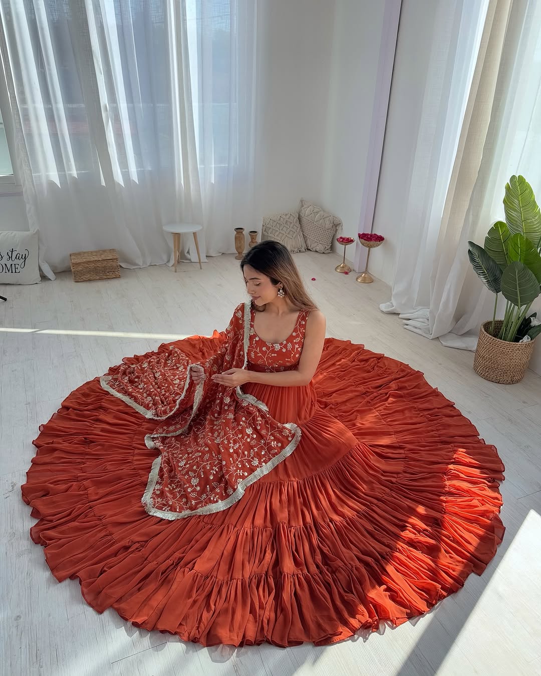 Misha Orange Soft Fox Georgette Anarkali With Huge Flair Suit Set