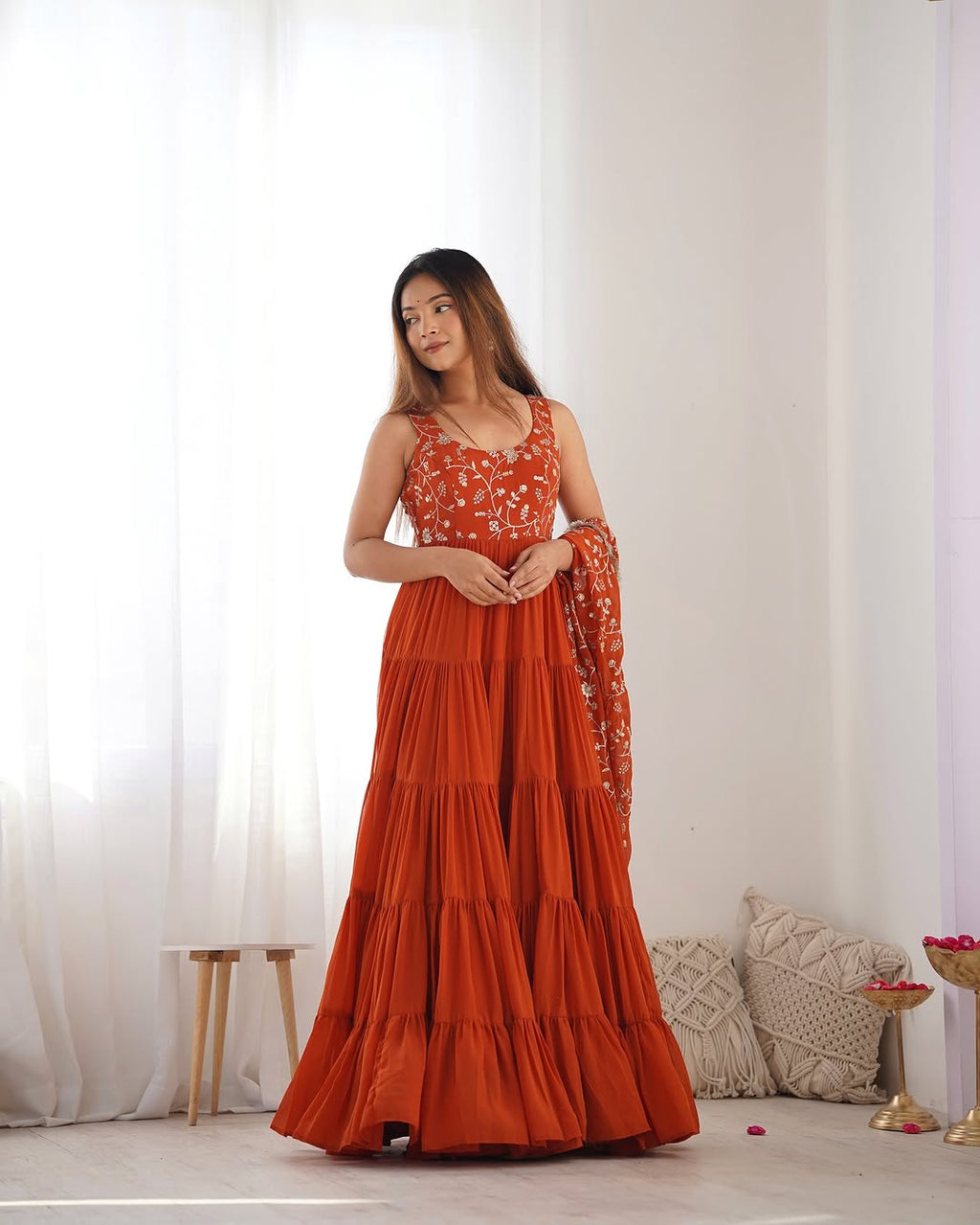 Misha Orange Soft Fox Georgette Anarkali With Huge Flair Suit Set