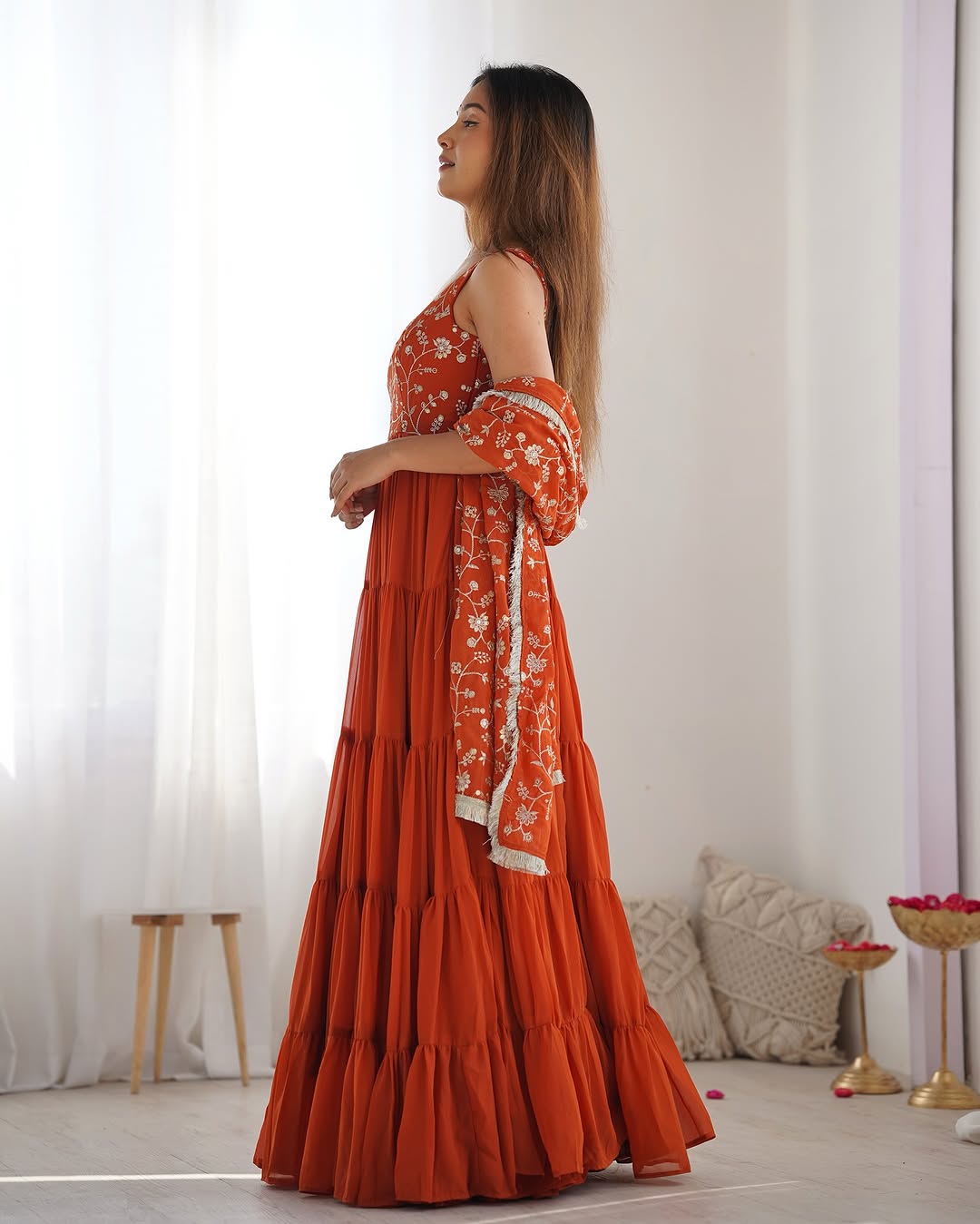 Misha Orange Soft Fox Georgette Anarkali With Huge Flair Suit Set