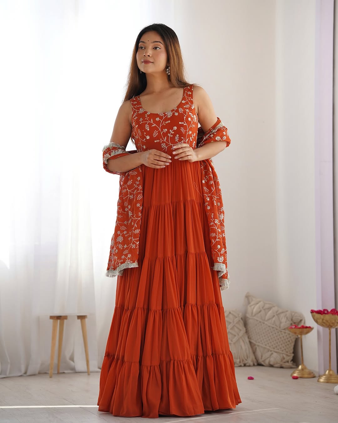 Misha Orange Soft Fox Georgette Anarkali With Huge Flair Suit Set