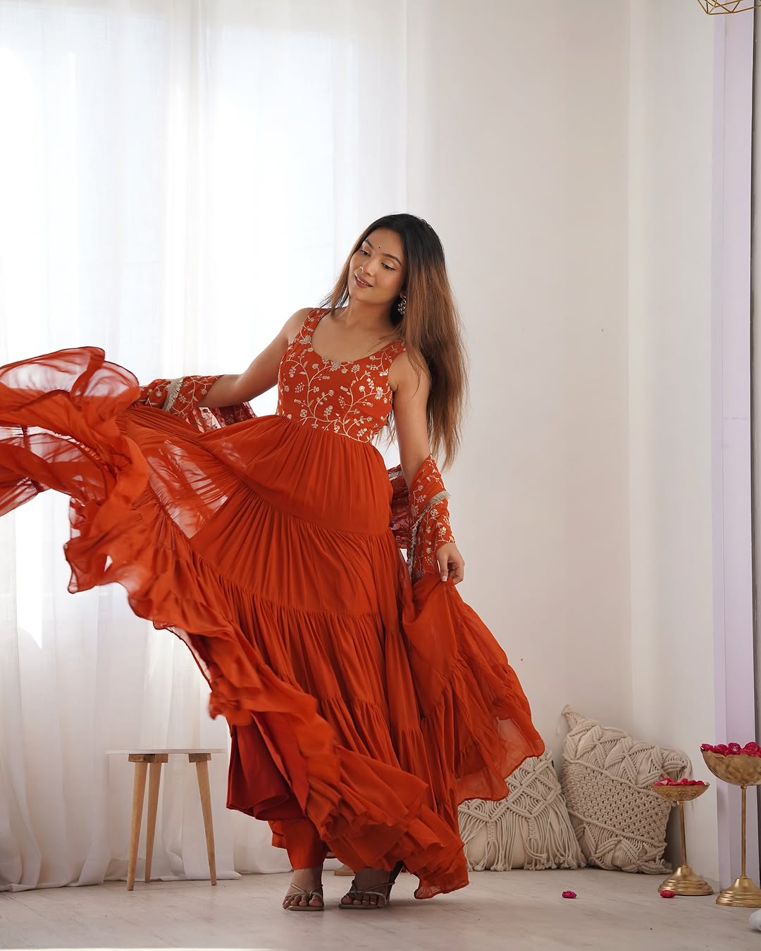 Misha Orange Soft Fox Georgette Anarkali With Huge Flair Suit Set