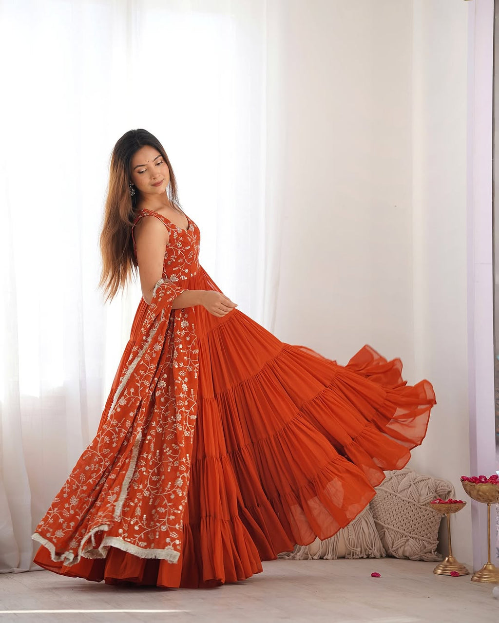 Misha Orange Soft Fox Georgette Anarkali With Huge Flair Suit Set