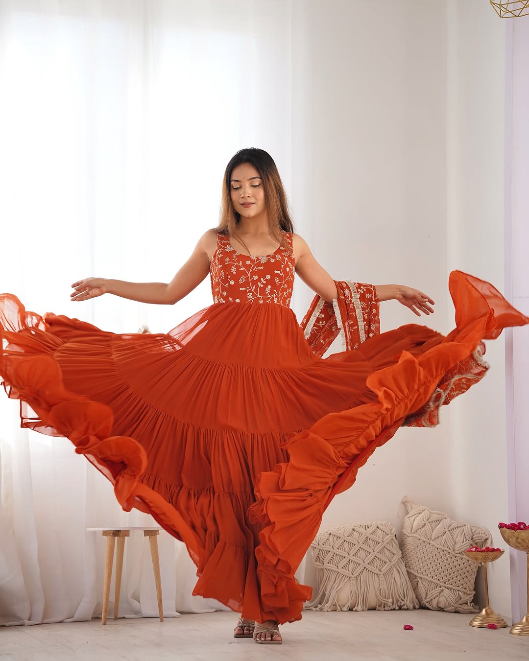 Misha Orange Soft Fox Georgette Anarkali With Huge Flair Suit Set