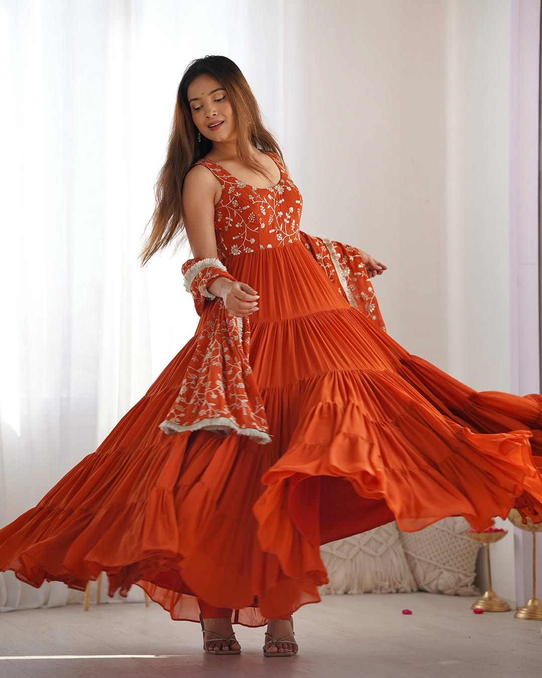 Misha Orange Soft Fox Georgette Anarkali With Huge Flair Suit Set