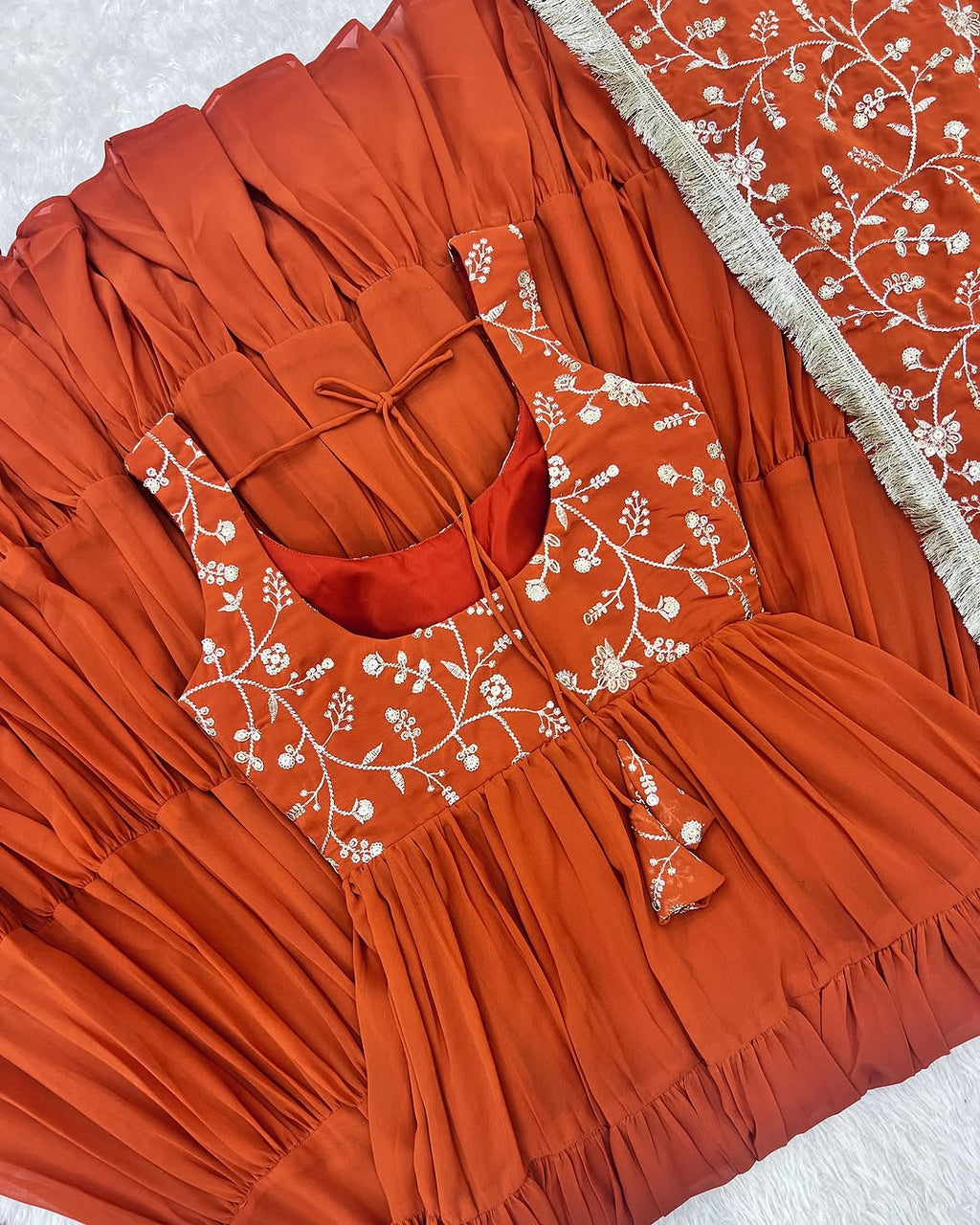 Misha Orange Soft Fox Georgette Anarkali With Huge Flair Suit Set