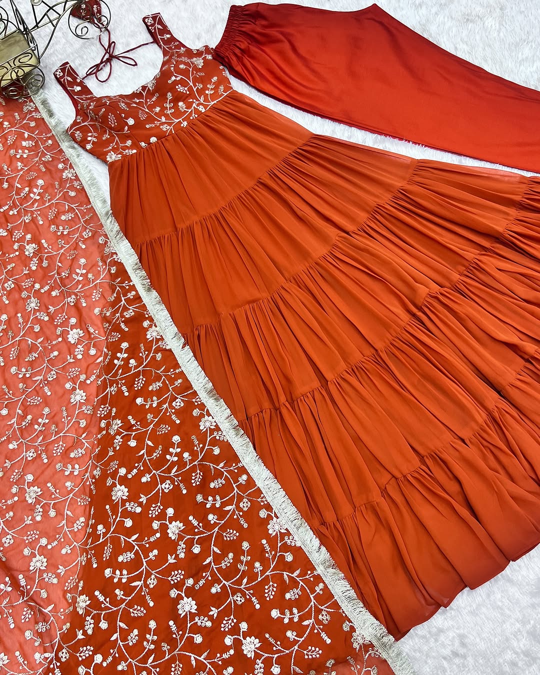 Misha Orange Soft Fox Georgette Anarkali With Huge Flair Suit Set