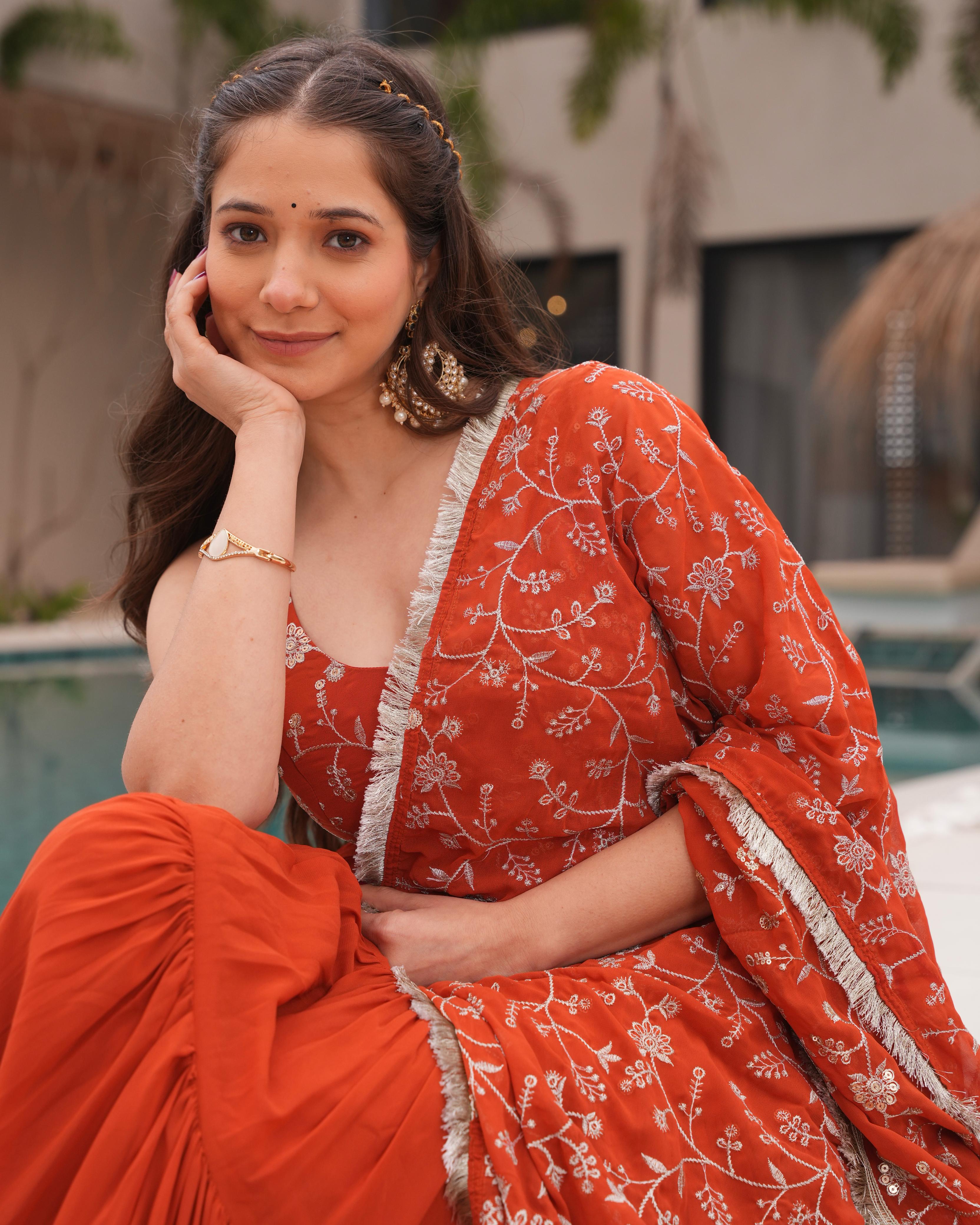 Misha Orange Soft Fox Georgette Anarkali Suit Set