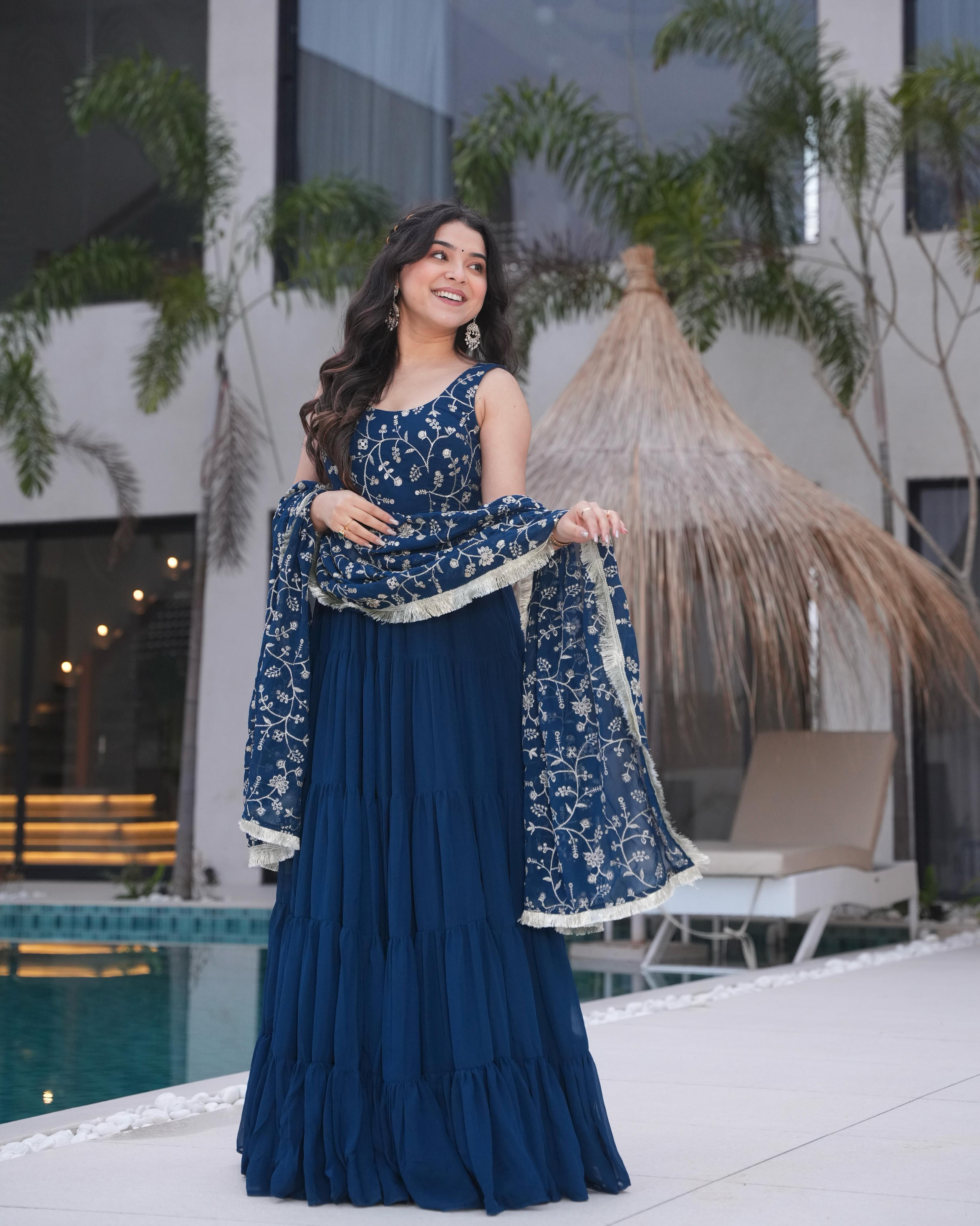 Red fox georgette Anarkali suit set with dupatta for women, heavy embroidered Anarkali gown for weddings and receptions, latest floor-length Anarkali suit with pant and dupatta, traditional Indian ethnic wear for party and festive occasions, designer Anarkali dress for engagement or Diwali, sequin and thread work Anarkali with grand flair, readymade Anarkali suit with pant set for women.