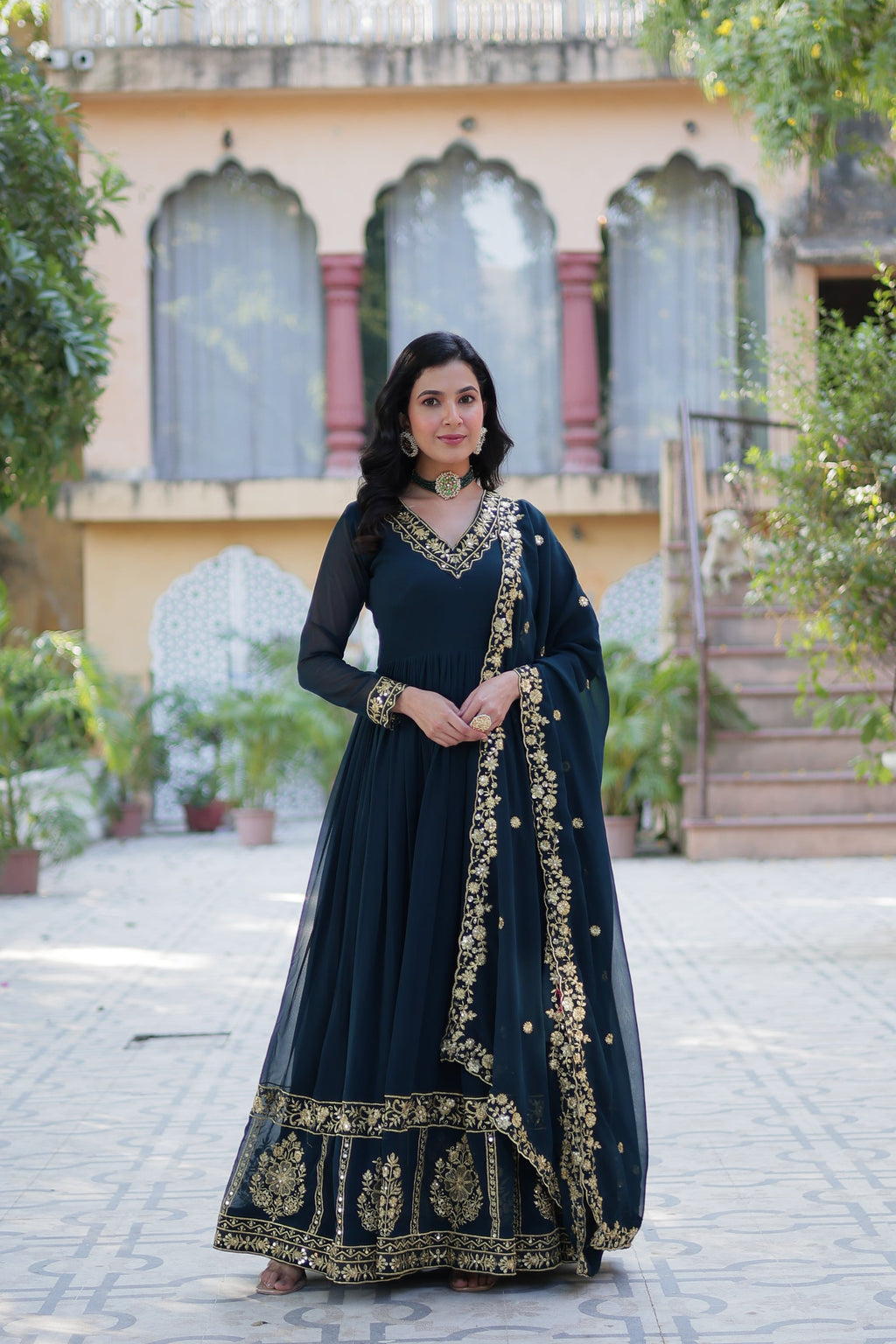 Mishka Rama Embroidered Flared Anarkali Gown Set