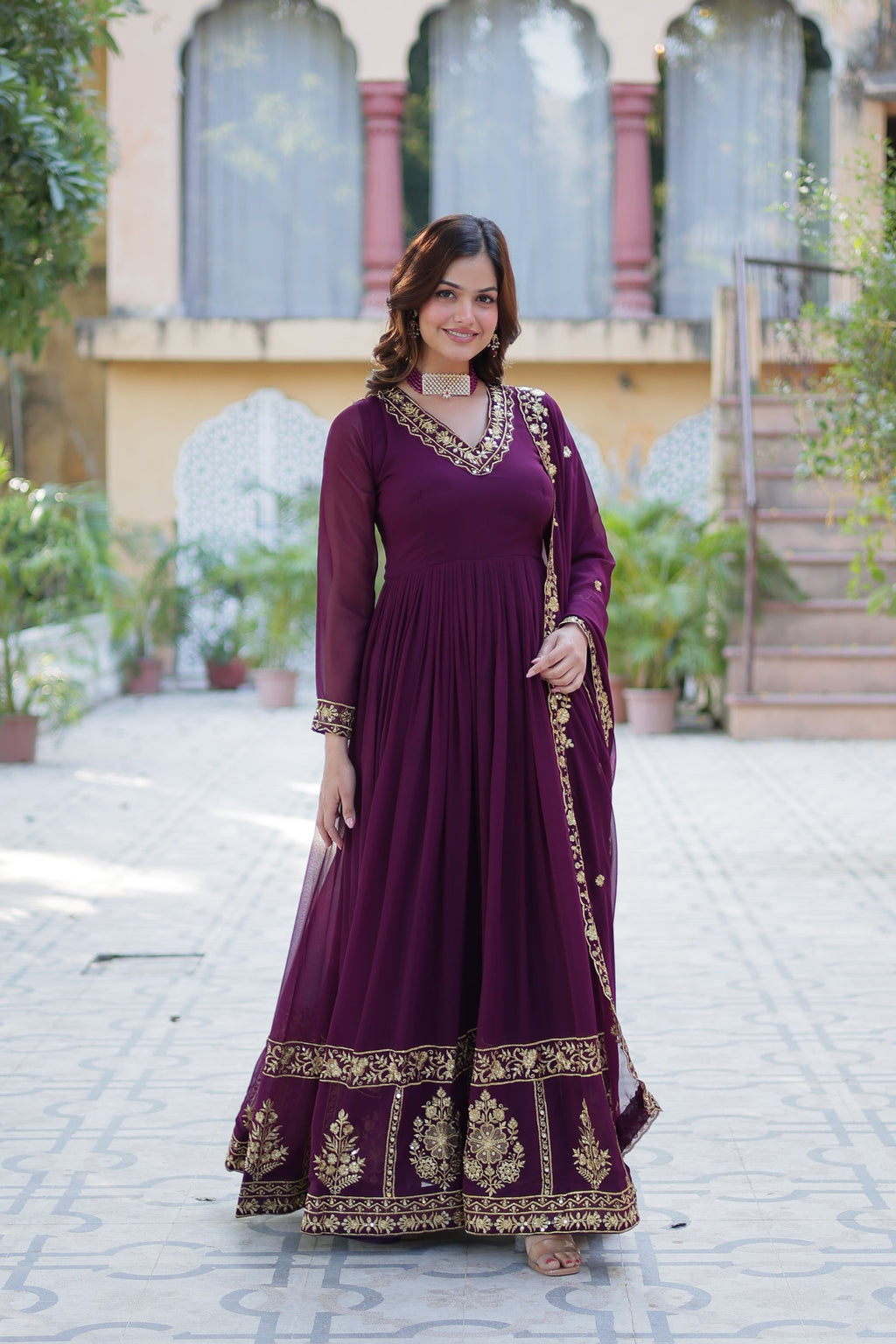 Mishka Wine Embroidered Flared Anarkali Gown Set