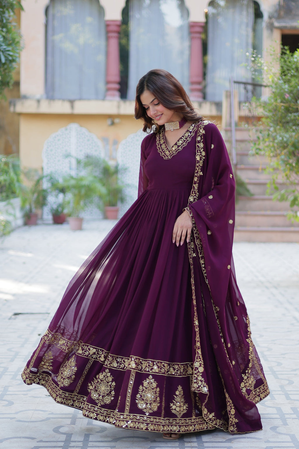 Mishka Wine Embroidered Flared Anarkali Gown Set